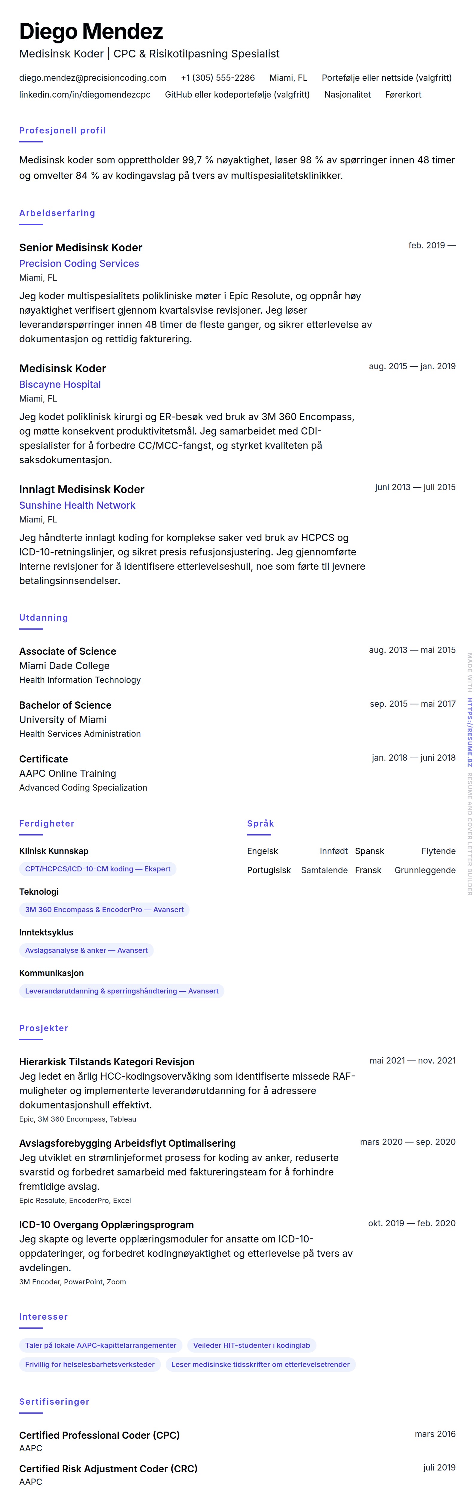 CV-forhåndsvisning for Medisinsk Koder CV-Eksempel