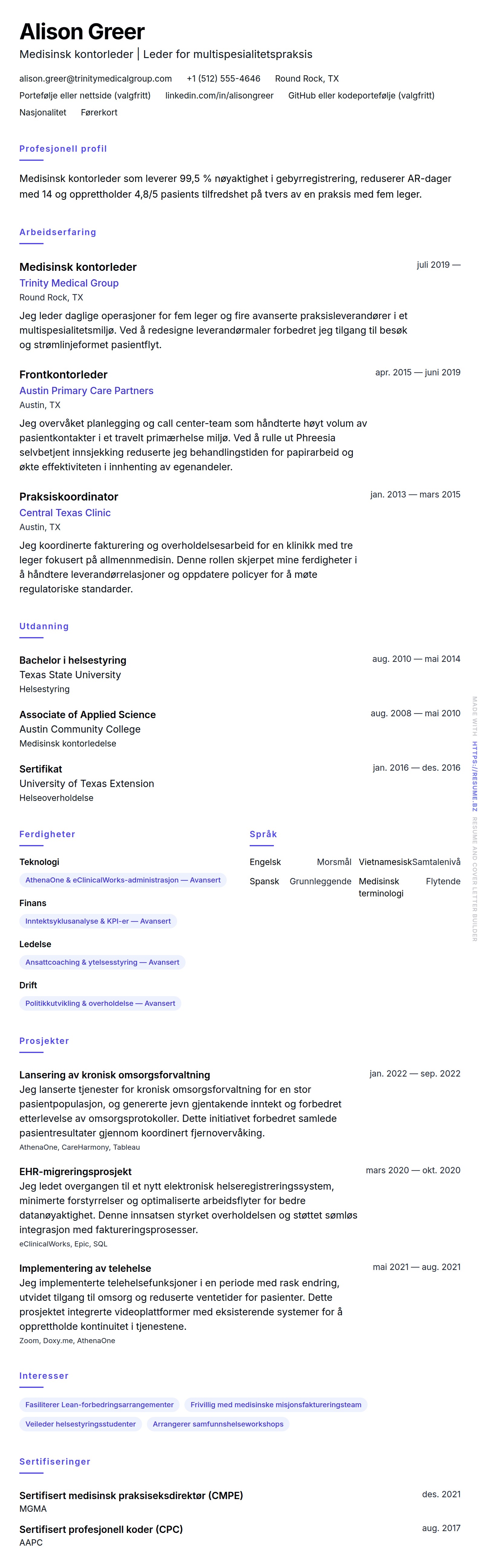 CV-forhåndsvisning for Medisinsk kontorleder CV-eksempel