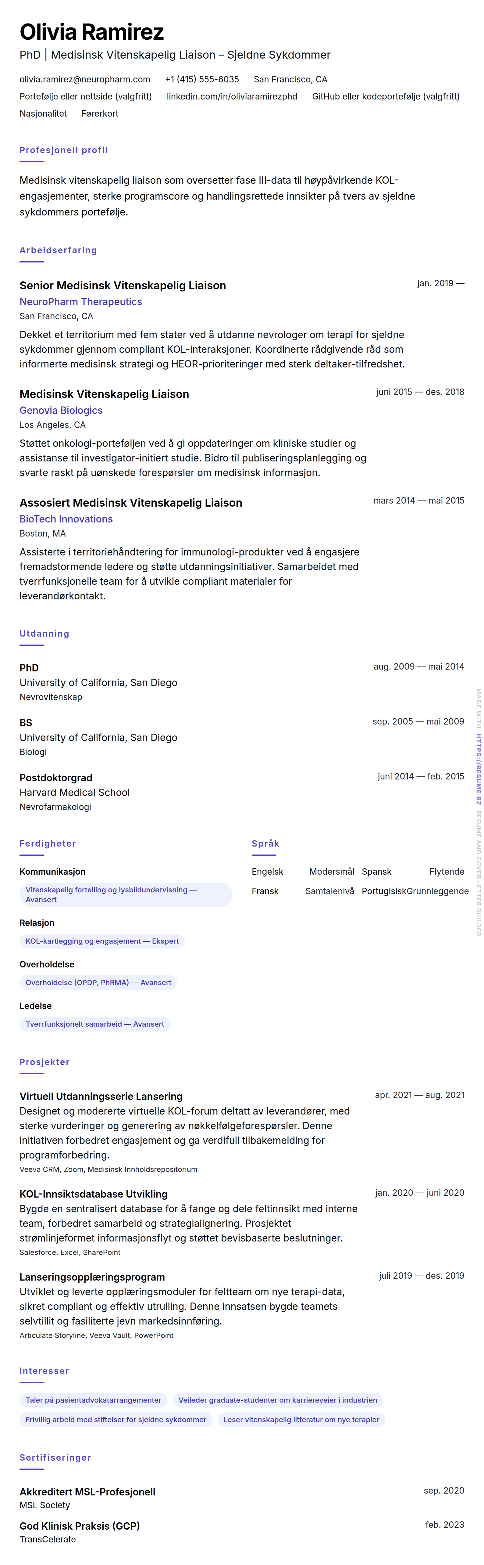 CV-forhåndsvisning for Medisinsk Vitenskapelig Liaison CV-Eksempel