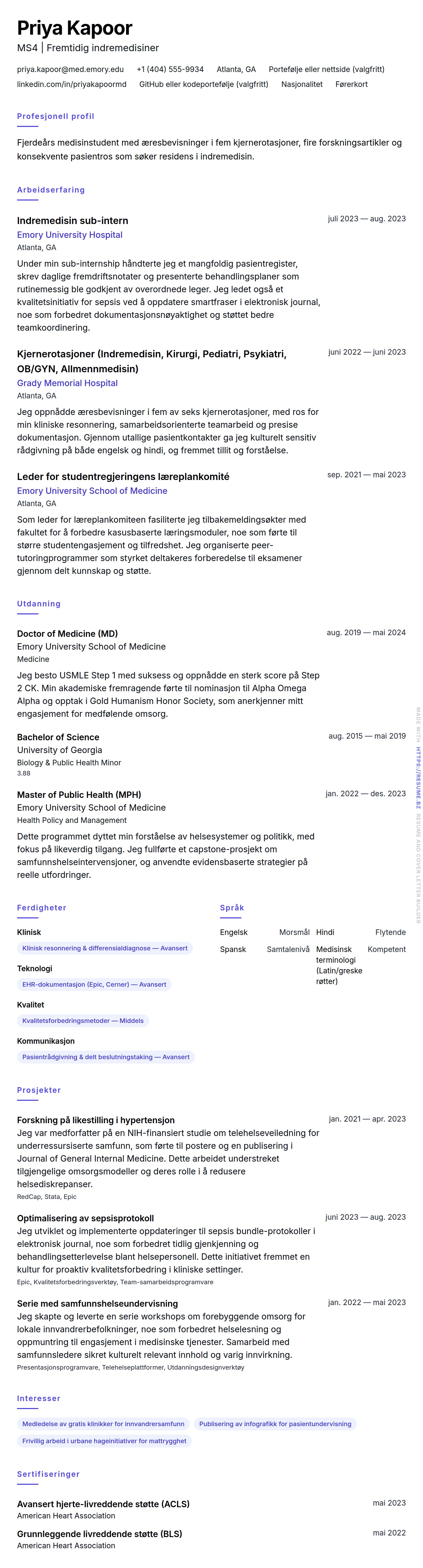 CV-forhåndsvisning for Medisinstudent CV-eksempel
