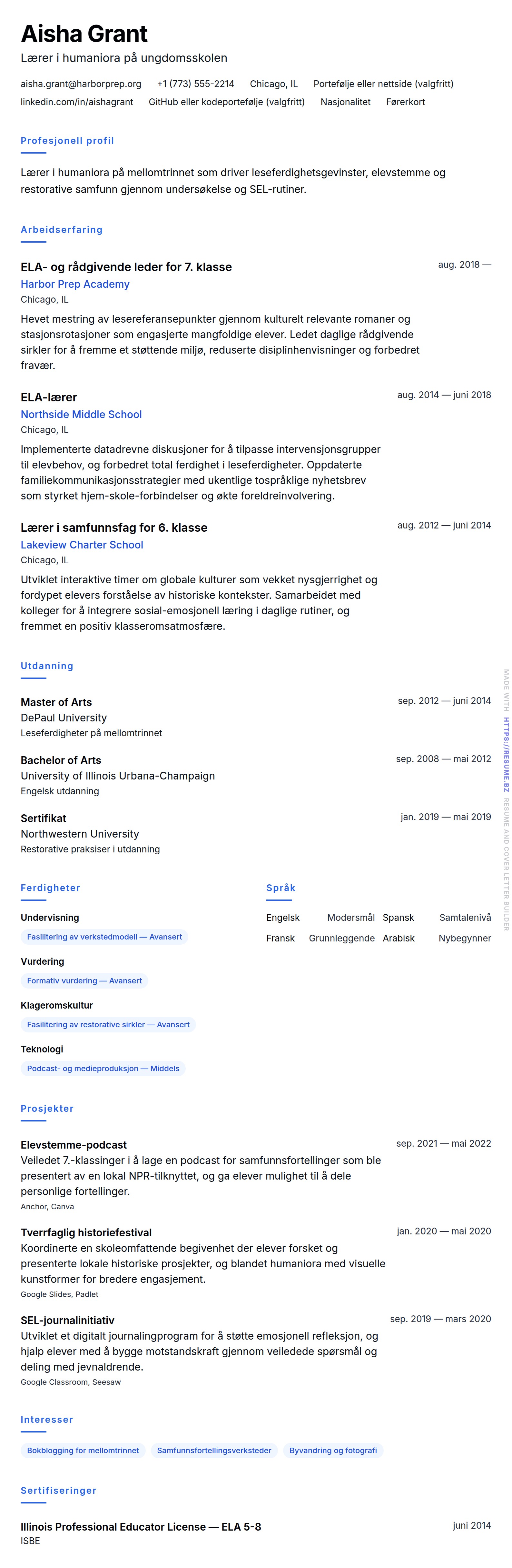 Eksempel på CV for lærer på ungdomsskolen