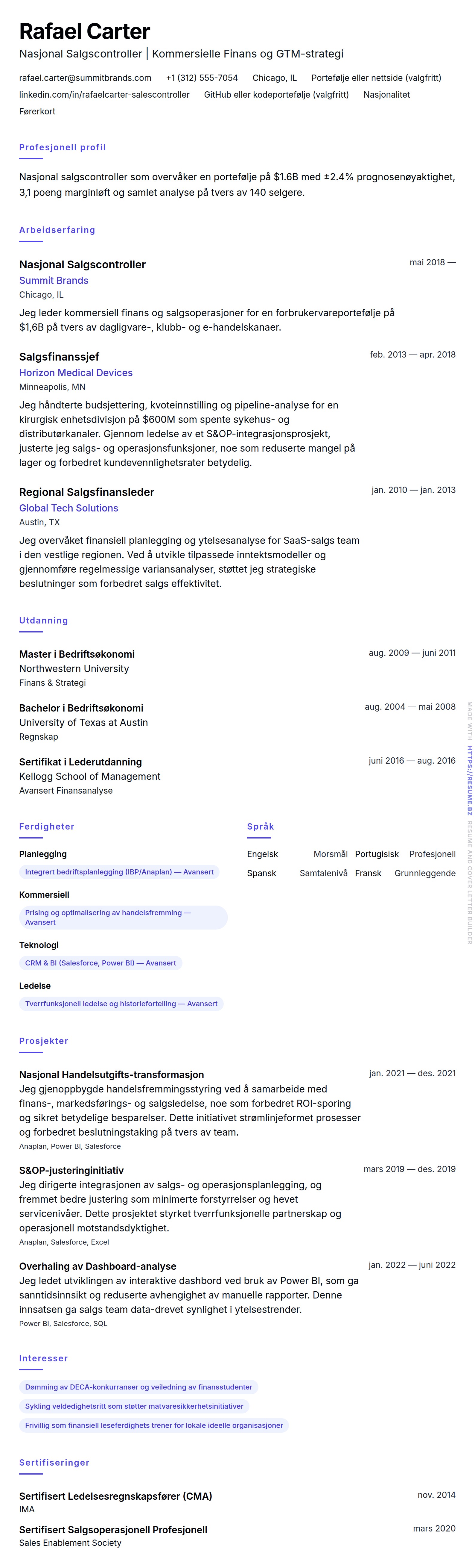CV-forhåndsvisning for Nasjonal Salgscontroller CV-eksempel