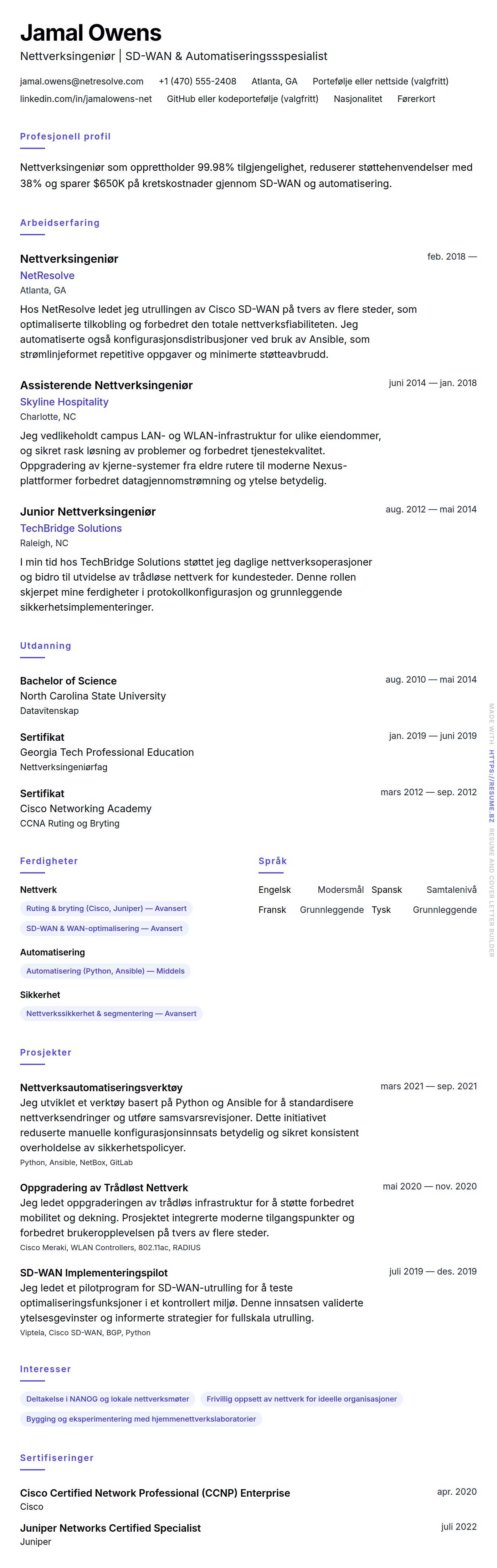 CV-forhåndsvisning for Nettverksingeniør CV-eksempel