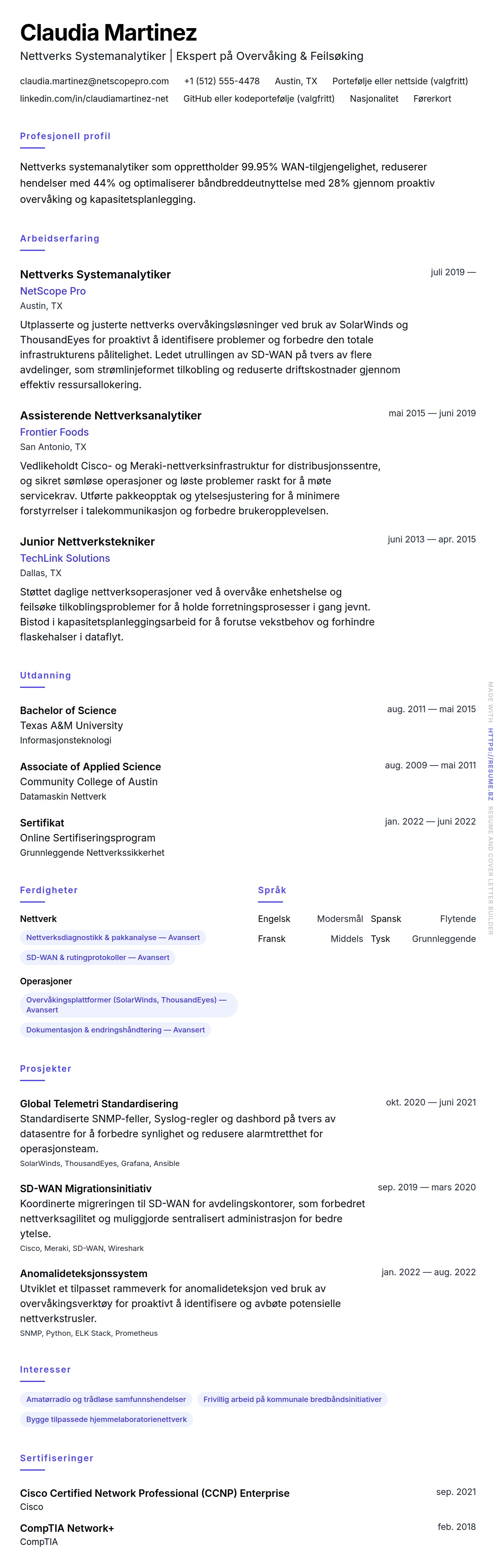 CV-forhåndsvisning for Nettverks Systemanalytiker CV-Eksempel
