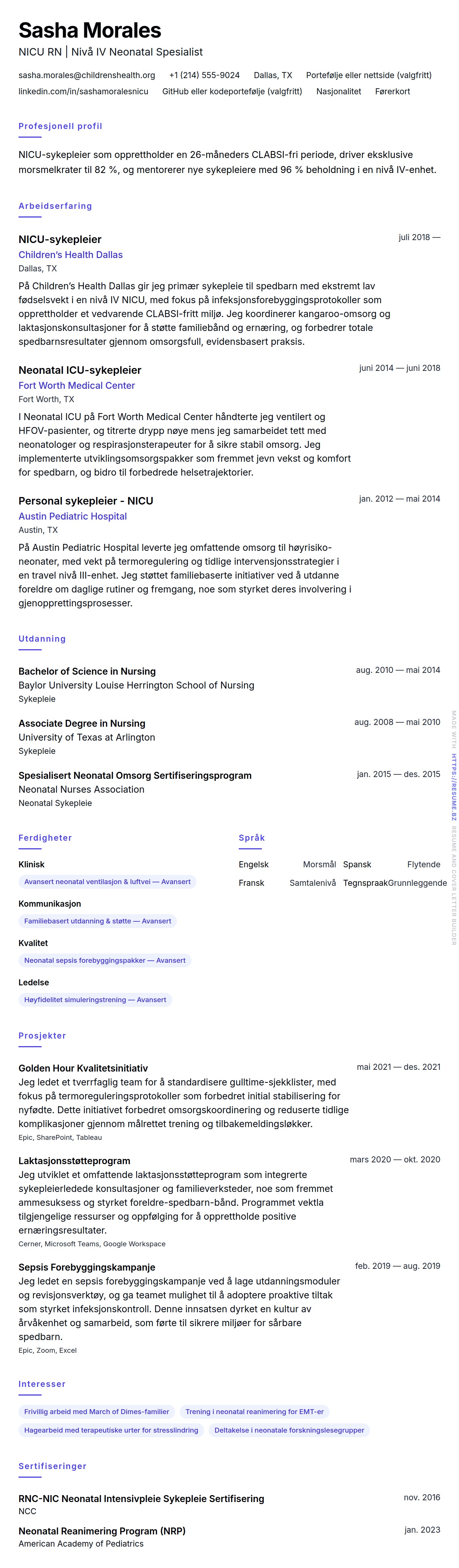 CV-forhåndsvisning for NICU-sykepleier CV-eksempel