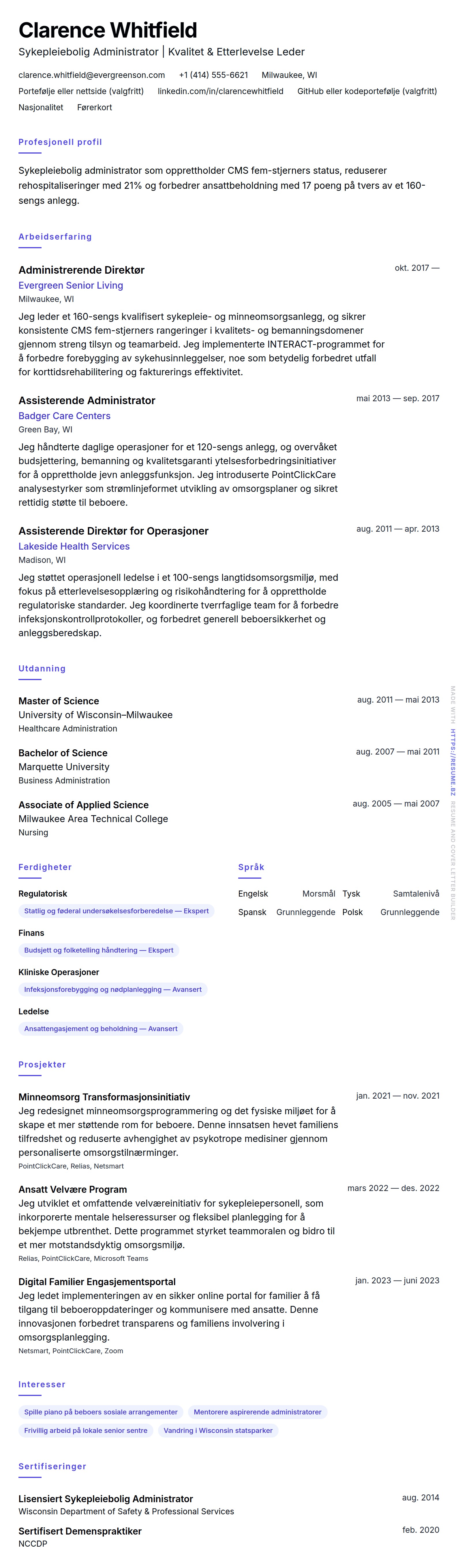 CV-forhåndsvisning for Sykepleiebolig Administrator CV-Eksempel