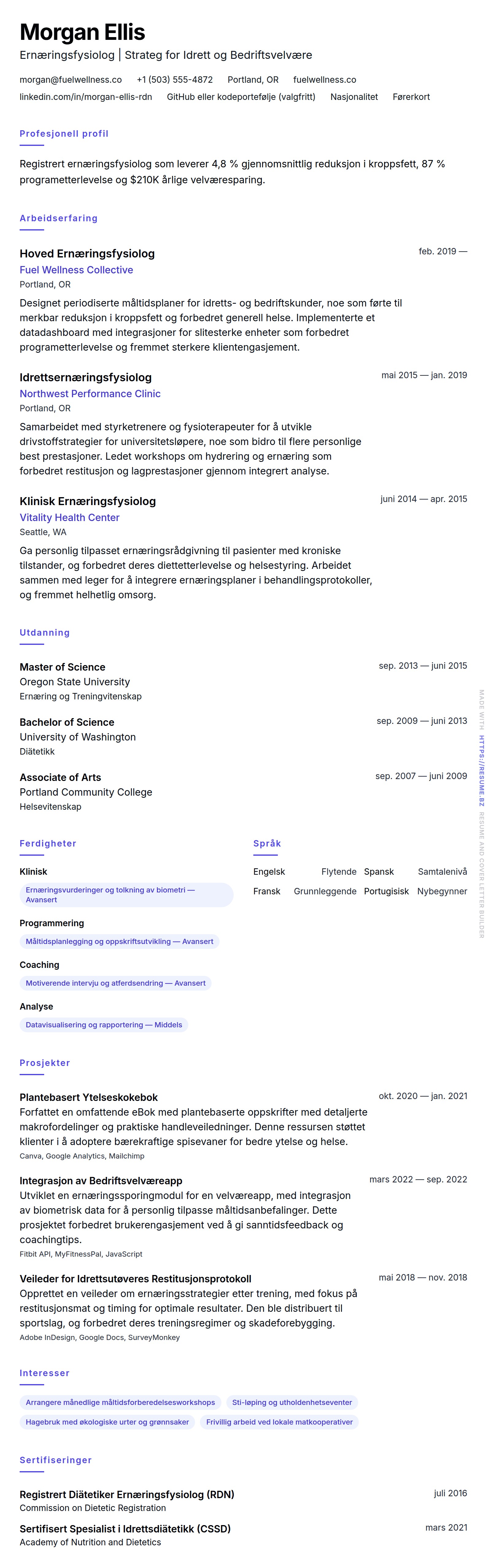 CV-forhåndsvisning for Eksempel på CV for Ernæringsfysiolog