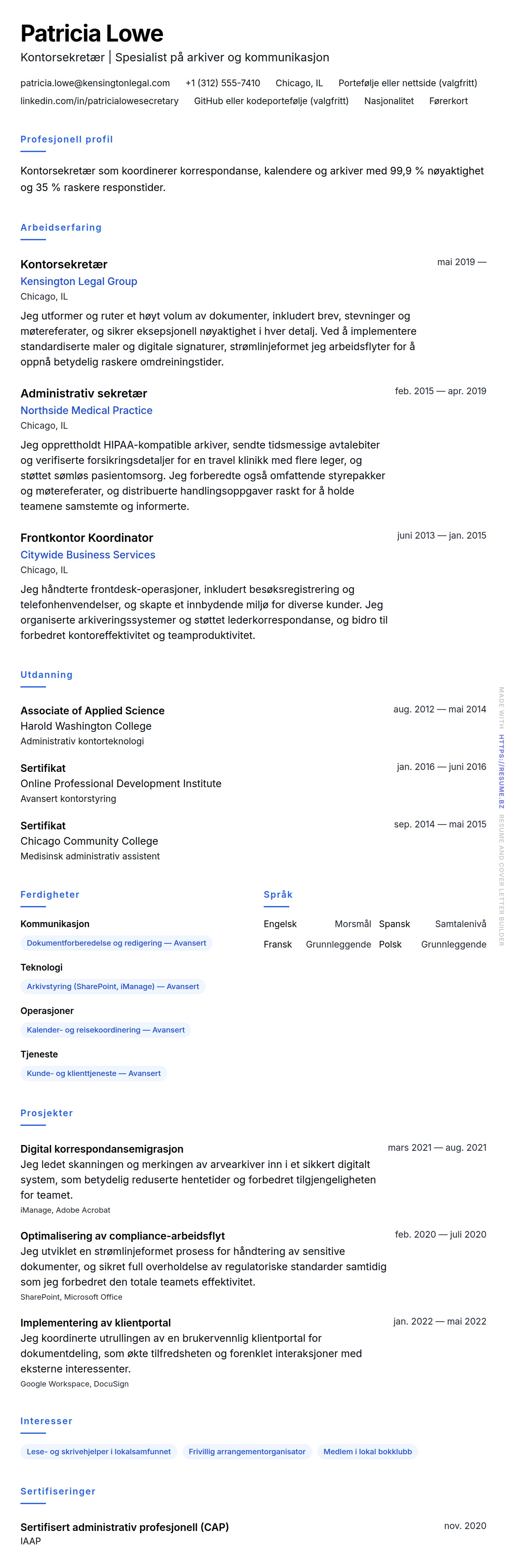 CV-forhåndsvisning for Kontorsekretær CV-eksempel