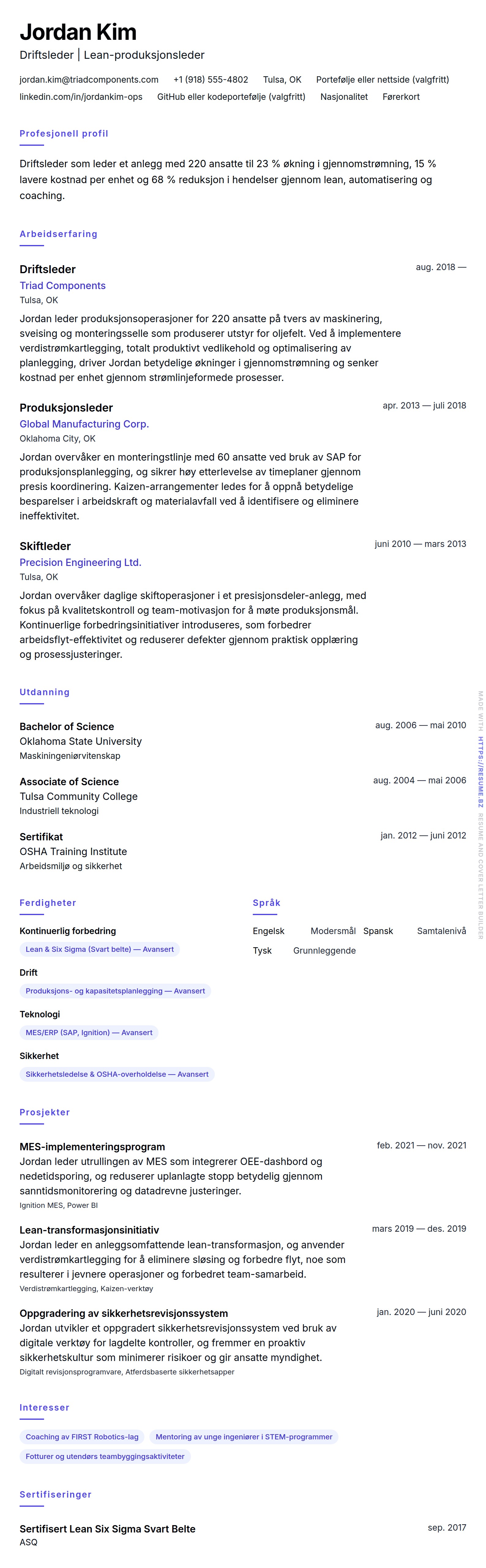 CV-forhåndsvisning for Driftsleder CV-eksempel