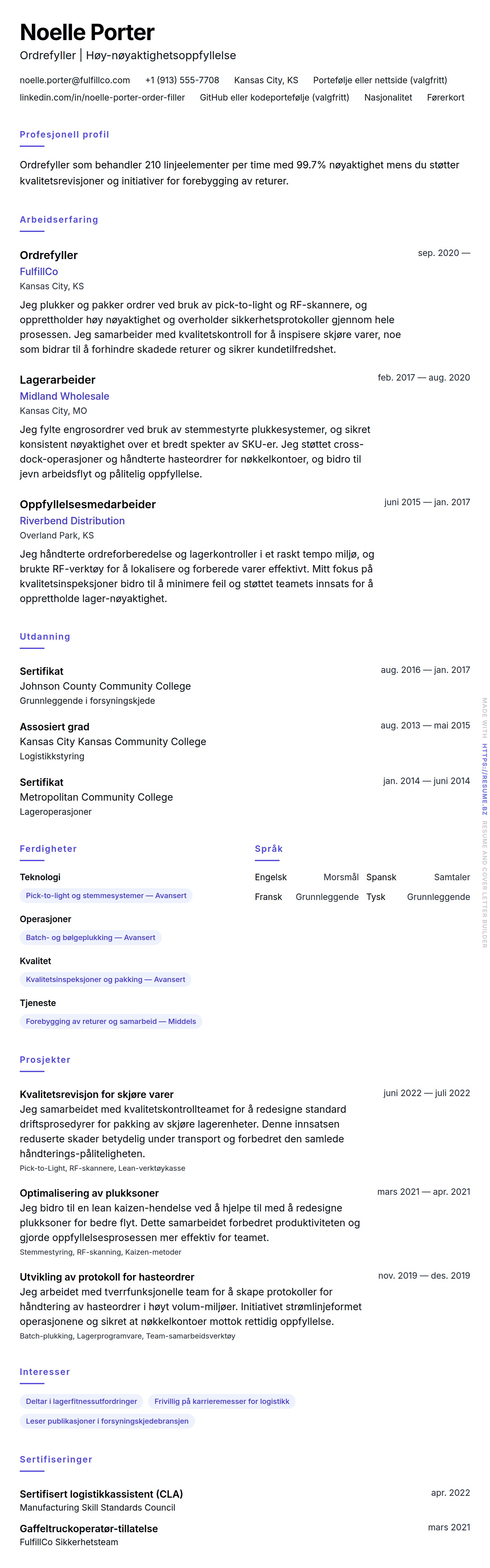 Ordrefyller CV-eksempel