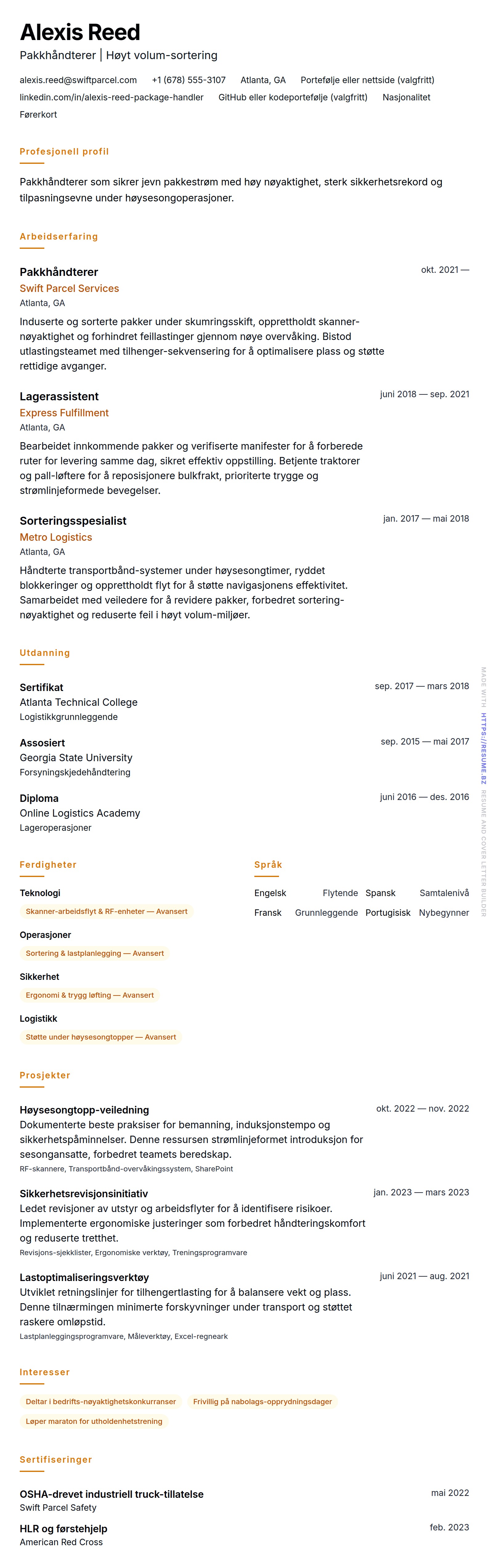 CV-forhåndsvisning for Pakkhåndterer CV-eksempel