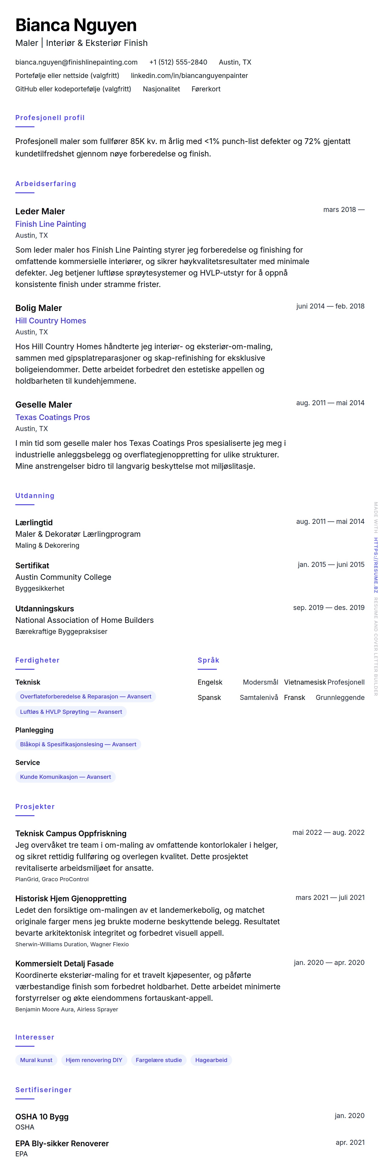 CV-forhåndsvisning for Maler CV-eksempel