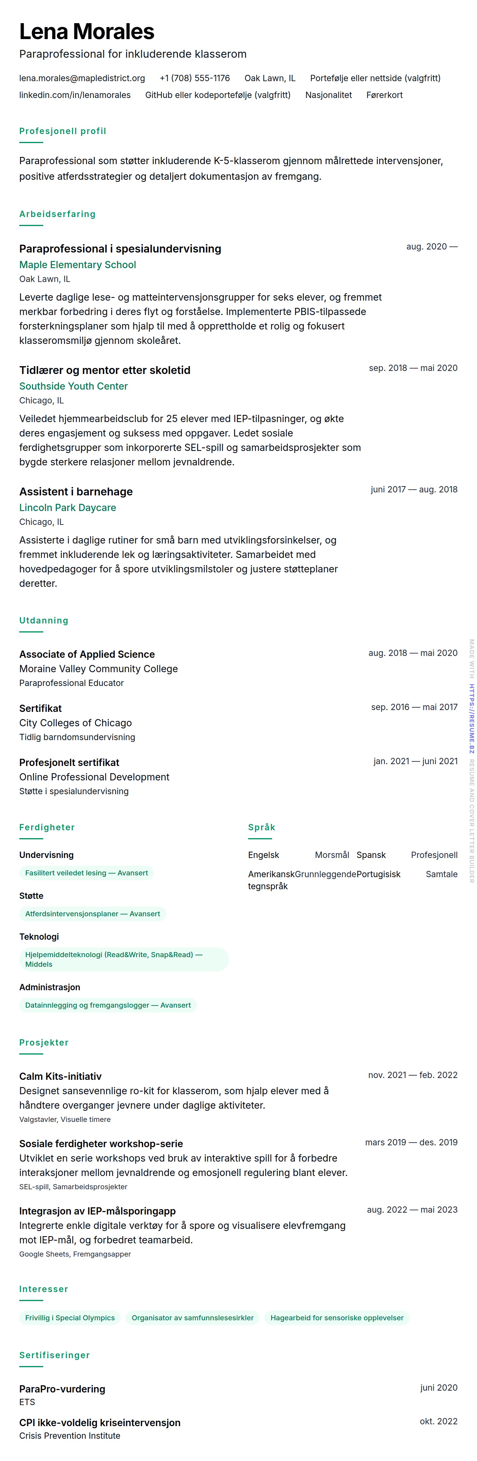 CV-forhåndsvisning for Paraprofessional CV-eksempel