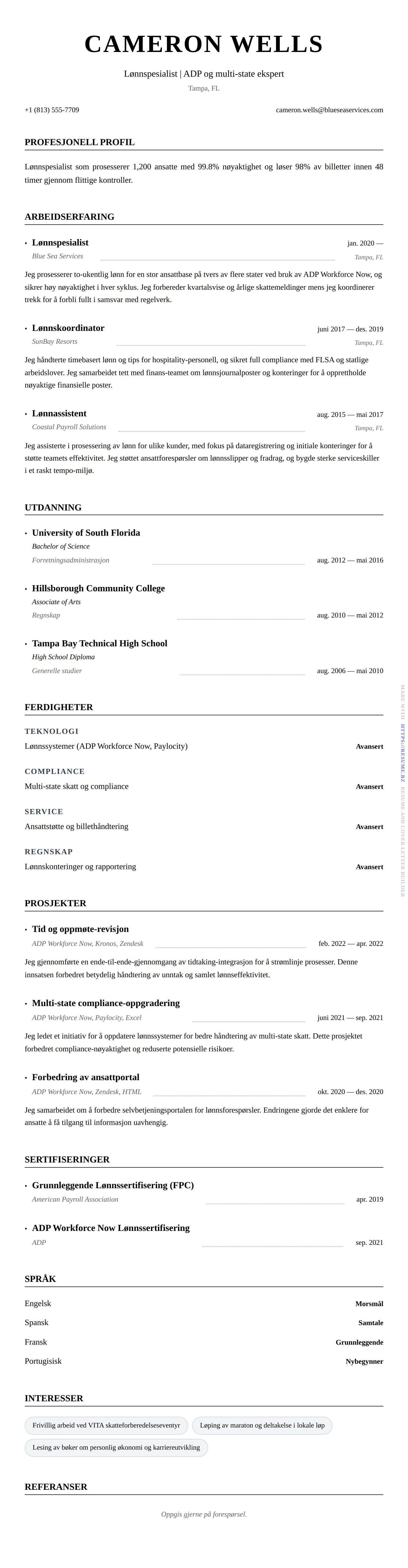 CV-forhåndsvisning for Eksempel på CV for Lønnspesialist