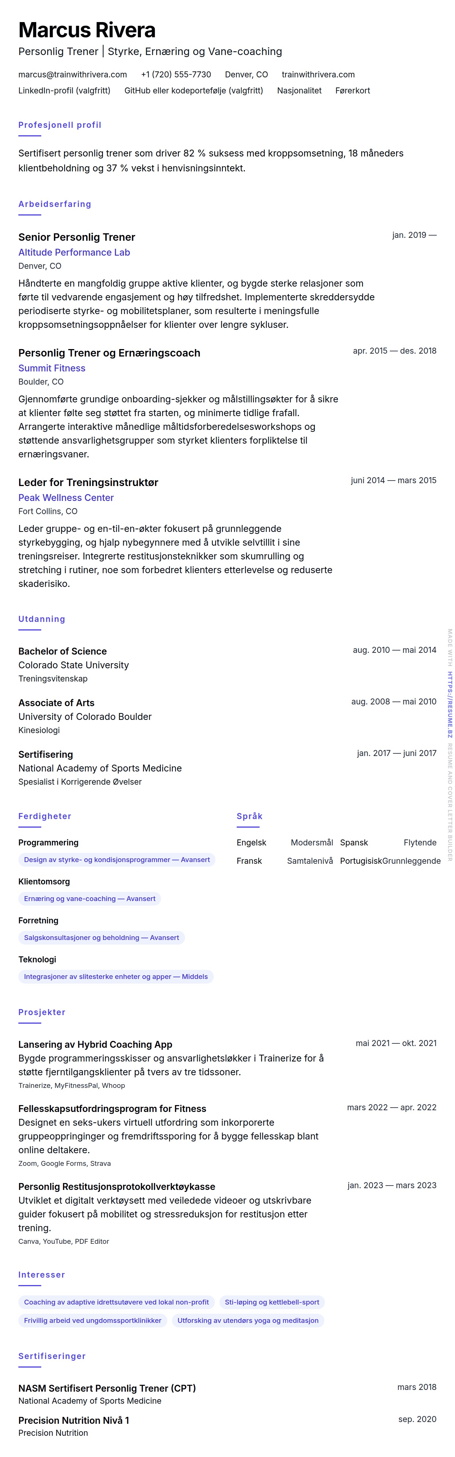 CV-forhåndsvisning for Personlig Trener CV-Eksempel