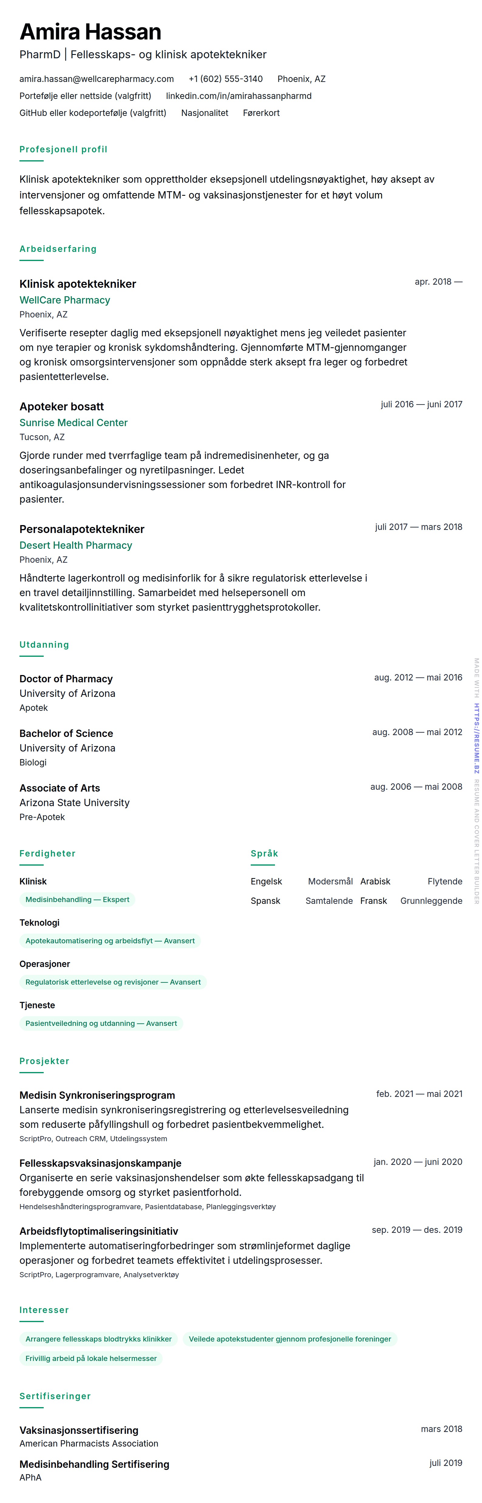 CV-forhåndsvisning for Apotektekniker CV-eksempel