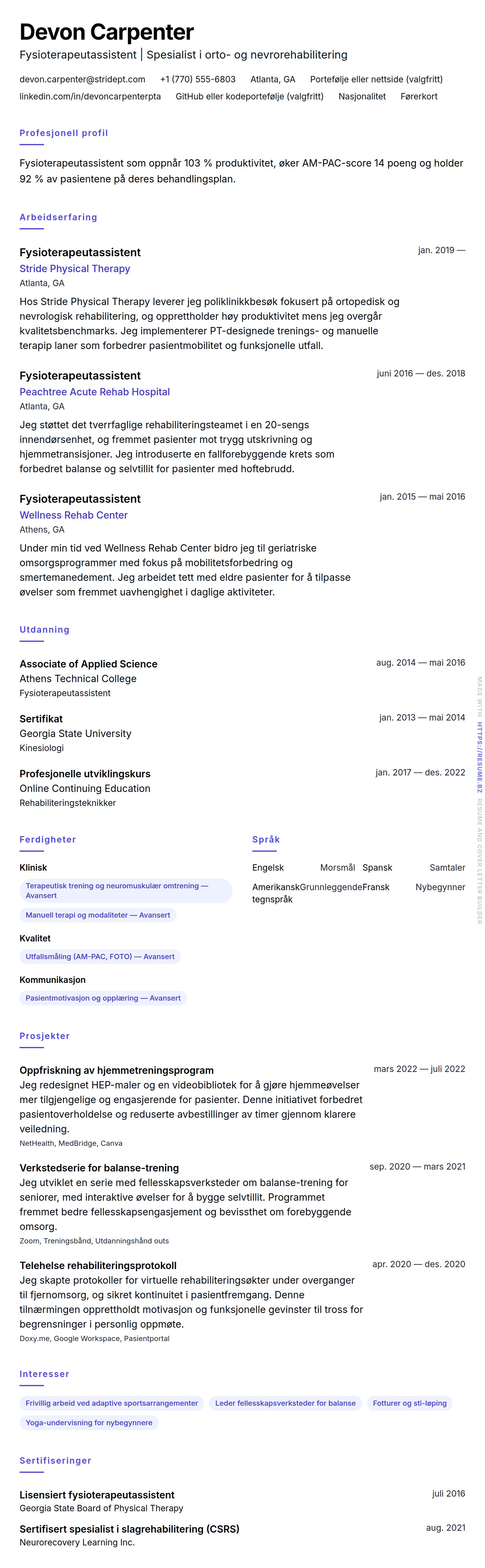 CV-forhåndsvisning for Fysioterapeutassistent (PTA) CV-eksempel