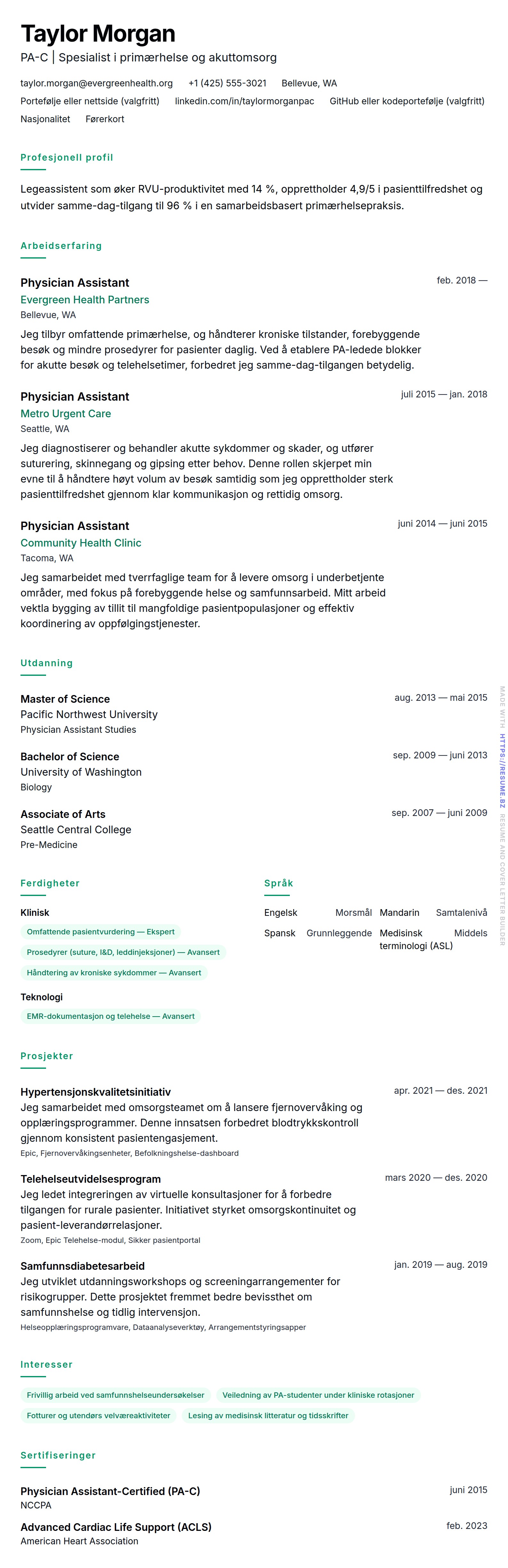CV-forhåndsvisning for Physician Assistant CV-eksempel