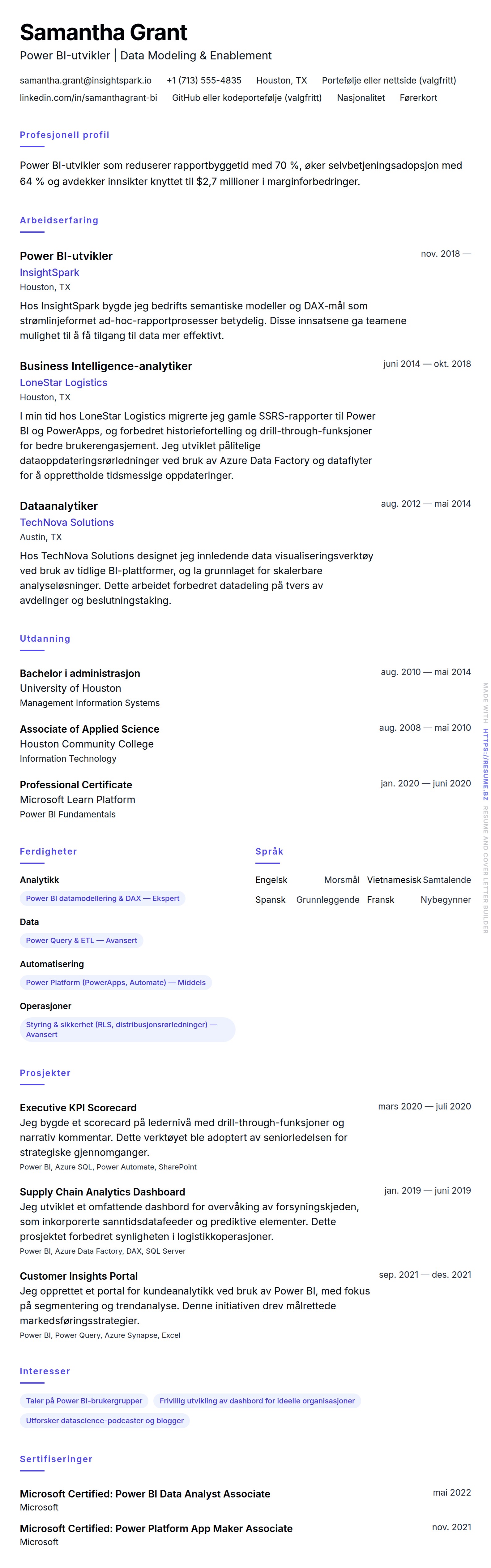 CV-forhåndsvisning for Eksempel på CV for Power BI-utvikler