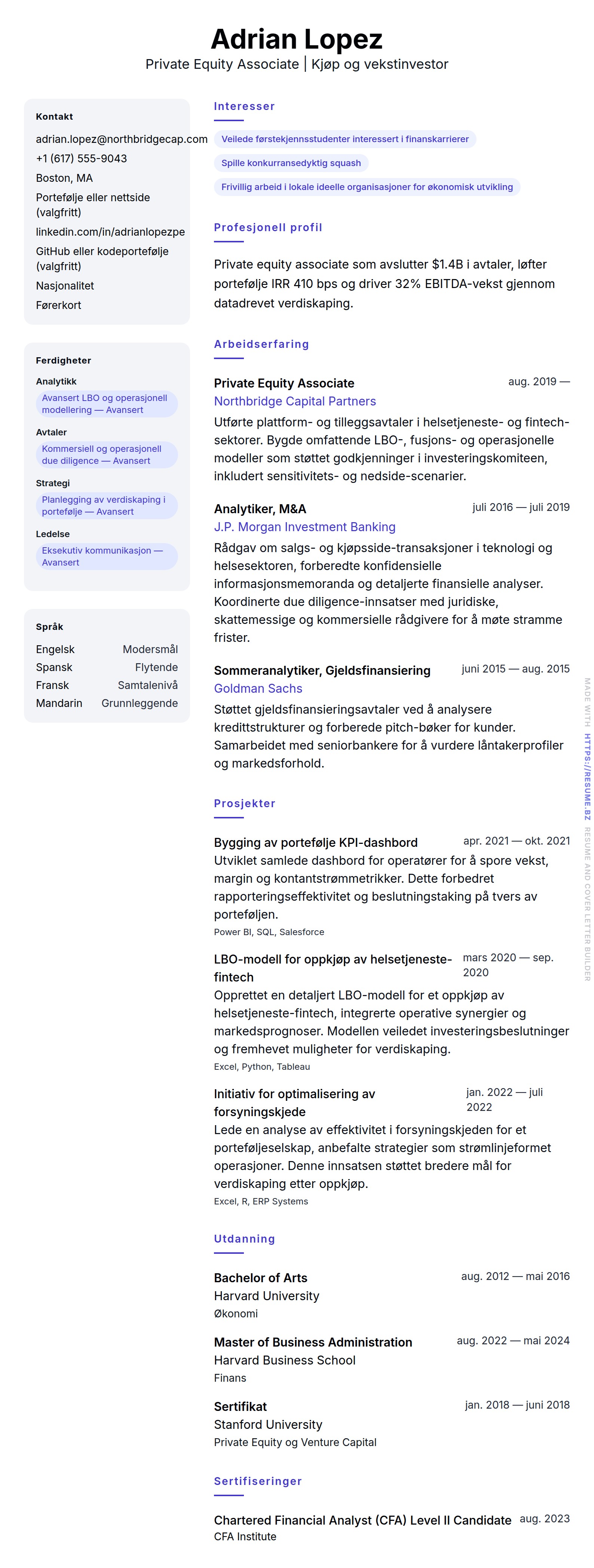 CV-forhåndsvisning for Eksempel på CV for Private Equity Associate