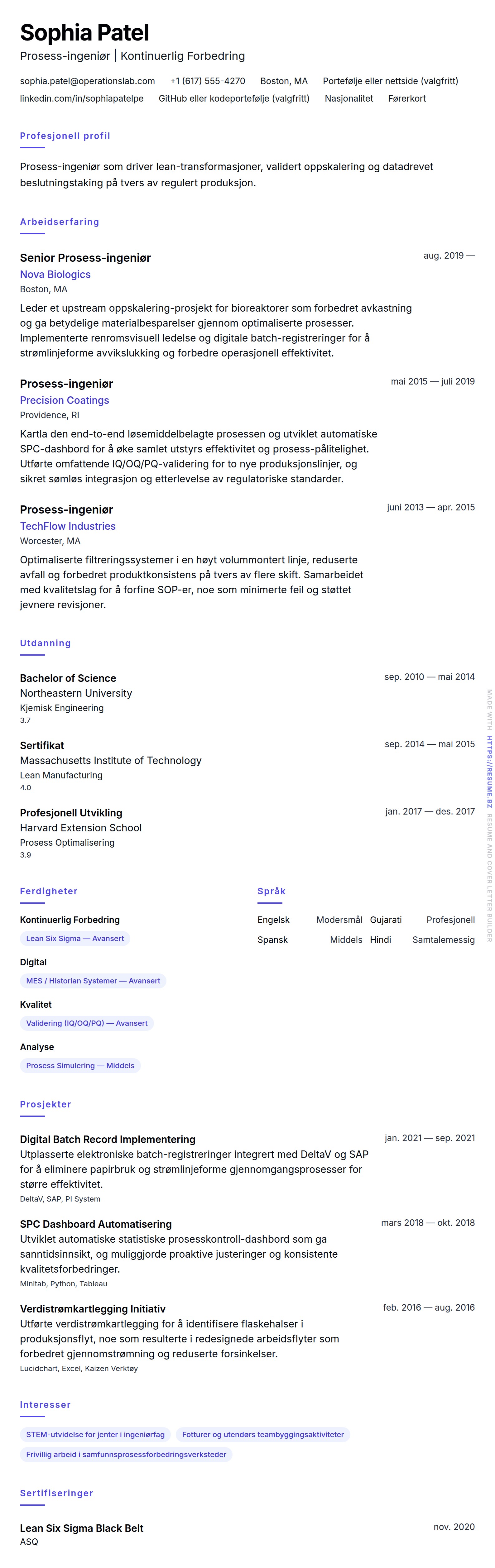 Prosess-ingeniør CV-eksempel