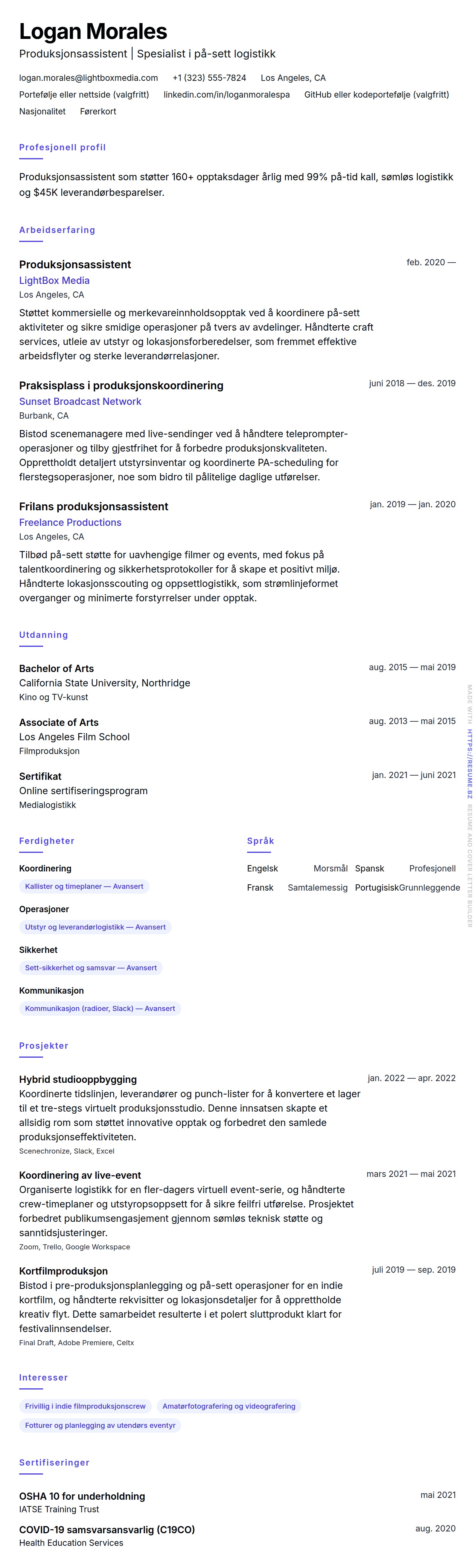 CV-forhåndsvisning for Eksempel på CV for produksjonsassistent
