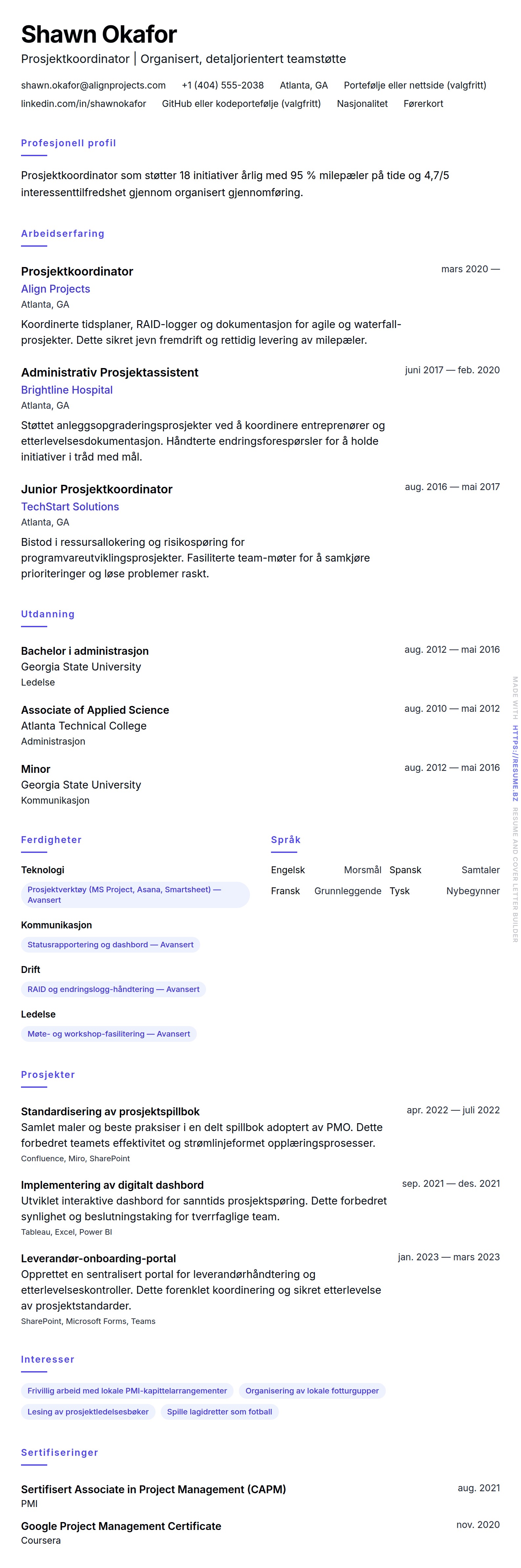 CV-forhåndsvisning for Prosjektkoordinator CV-eksempel