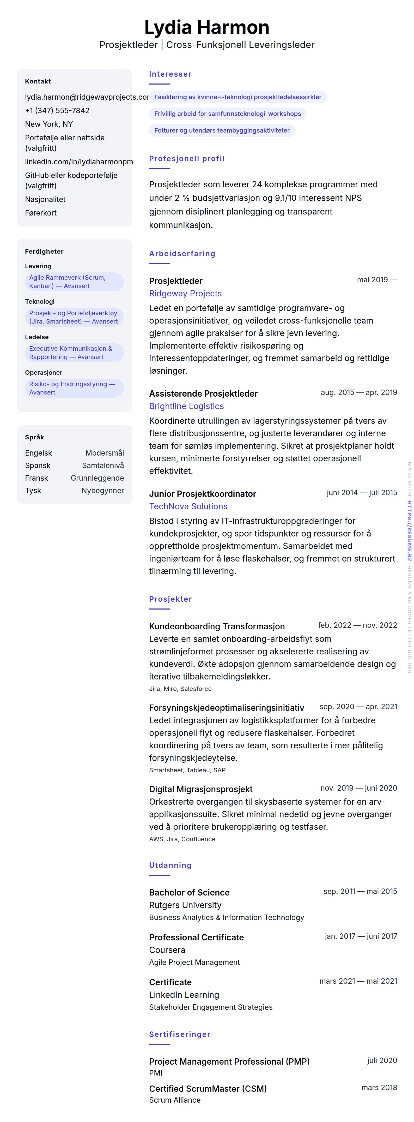 CV-forhåndsvisning for Prosjektleder CV-eksempel