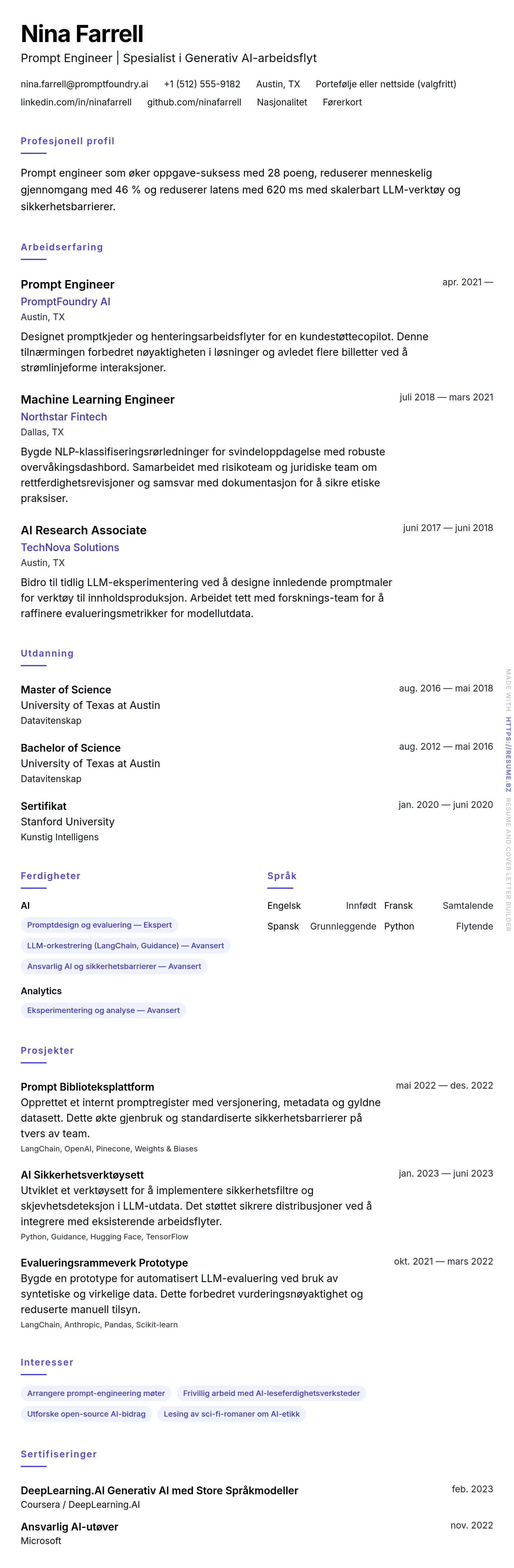 CV-forhåndsvisning for Prompt Engineer CV-eksempel