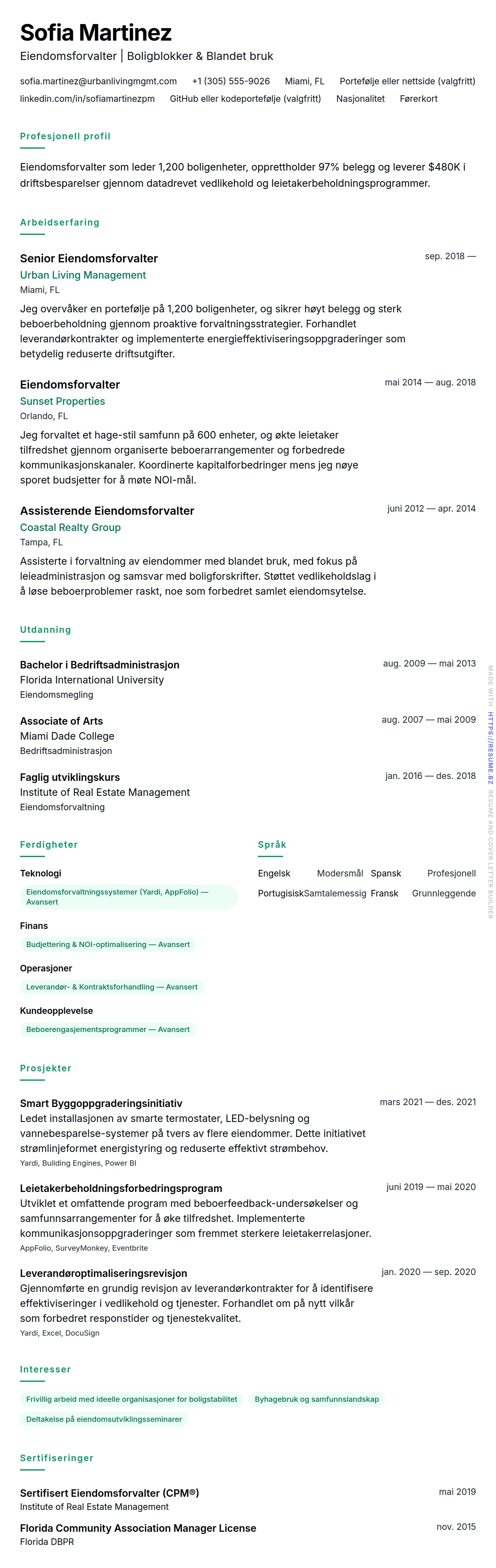 CV-forhåndsvisning for Eiendomsforvalter CV-eksempel
