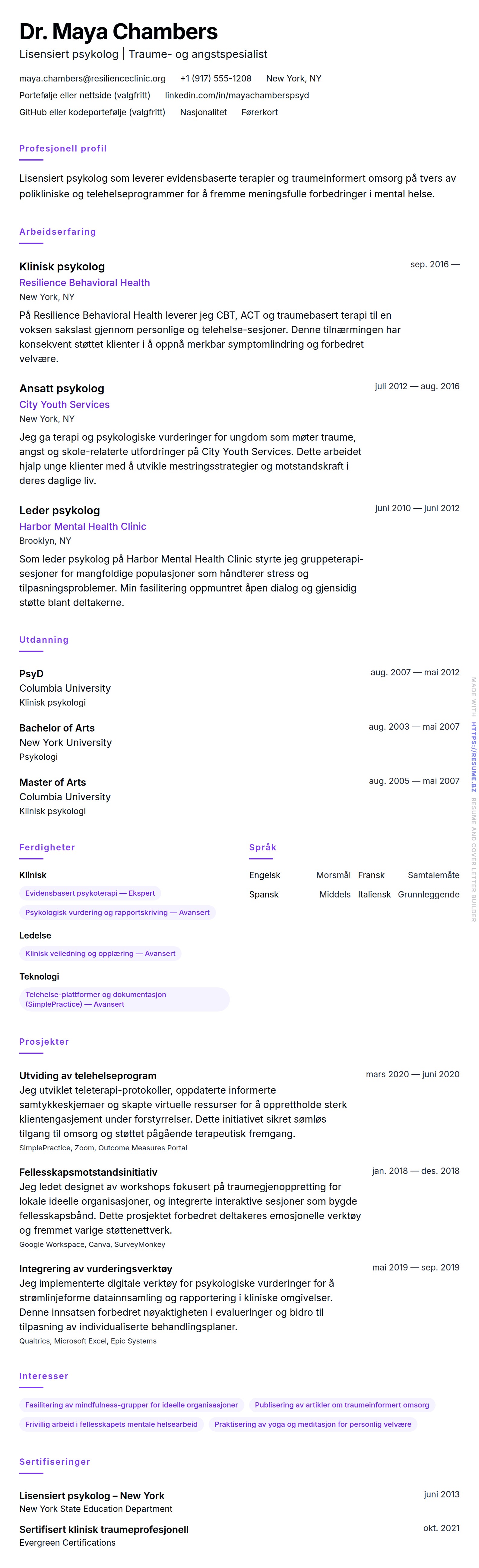 CV-forhåndsvisning for Psykolog CV-eksempel