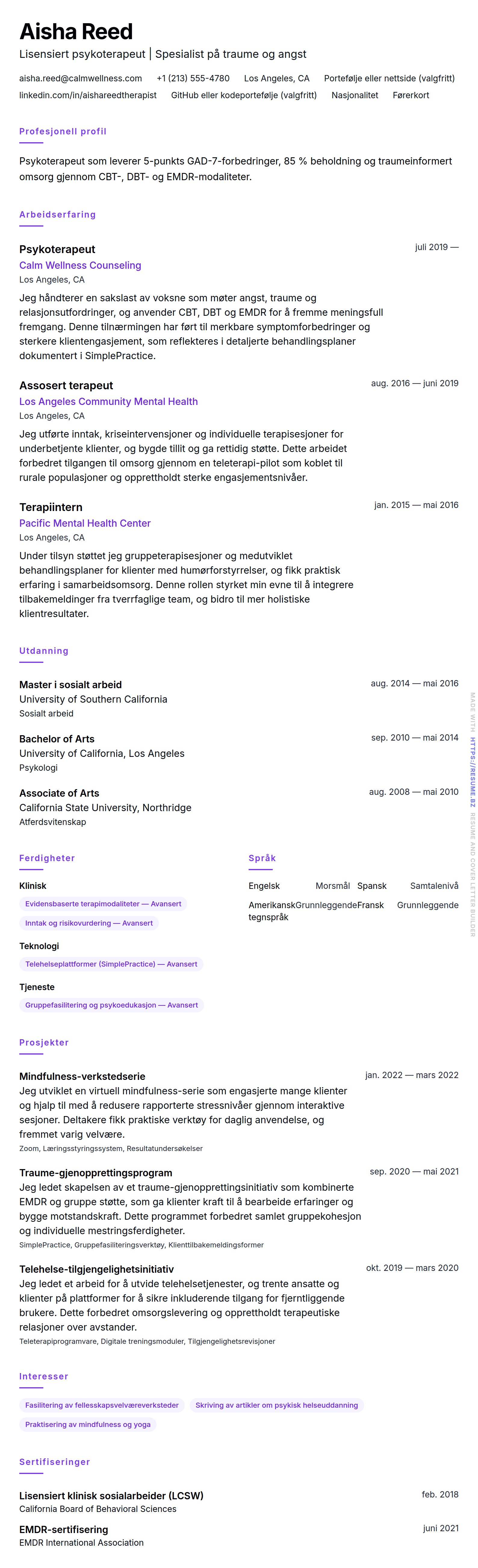 CV-forhåndsvisning for Psykoterapeut CV-eksempel