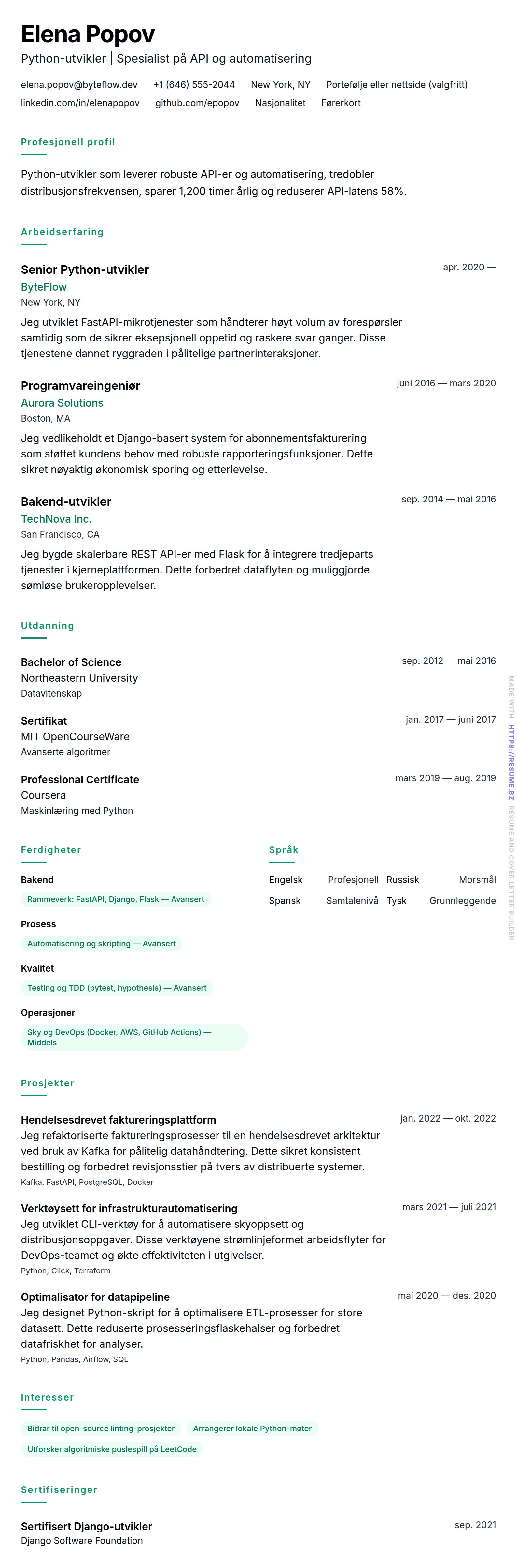 CV-forhåndsvisning for Eksempel på CV for Python-utvikler