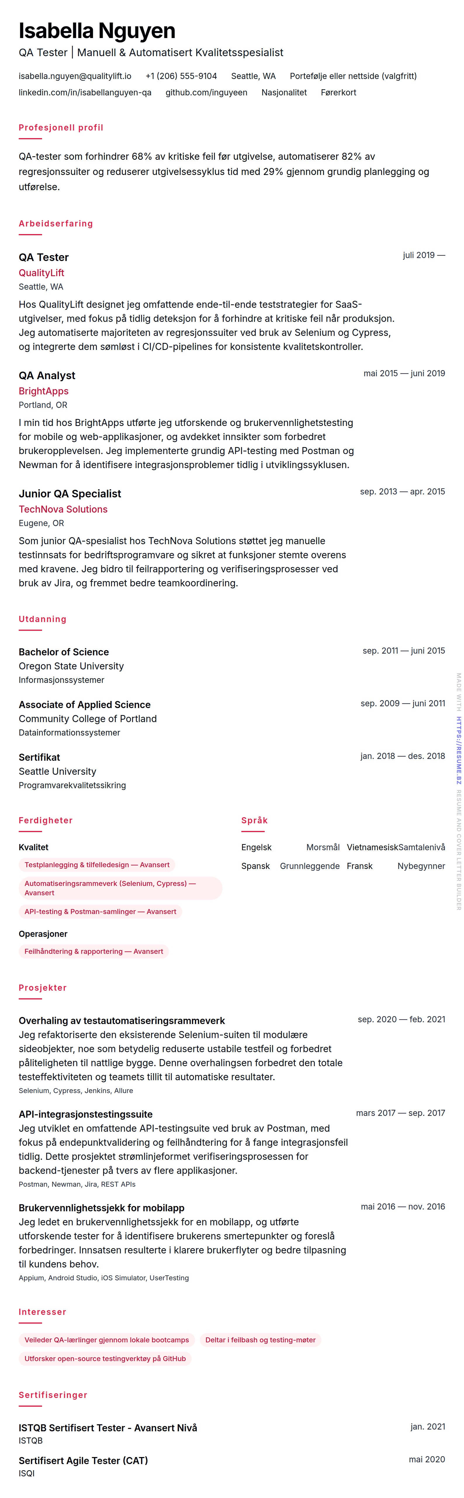 CV-forhåndsvisning for QA Tester CV-eksempel