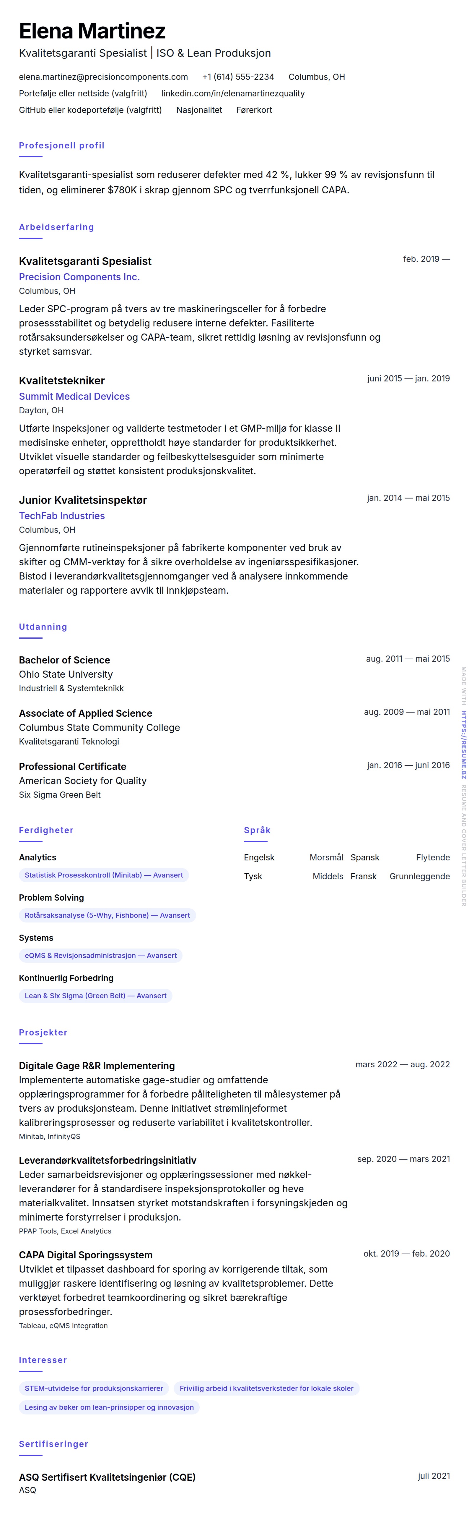 CV-forhåndsvisning for Kvalitetsgaranti Spesialist CV-Eksempel