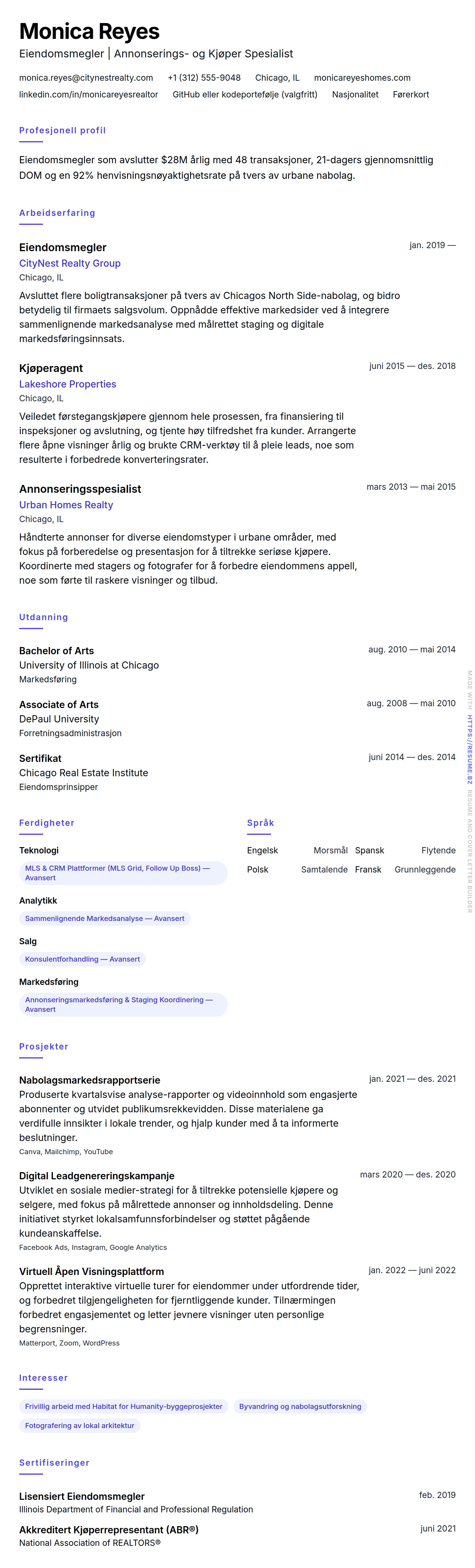 CV-forhåndsvisning for Eiendomsmegler CV-eksempel