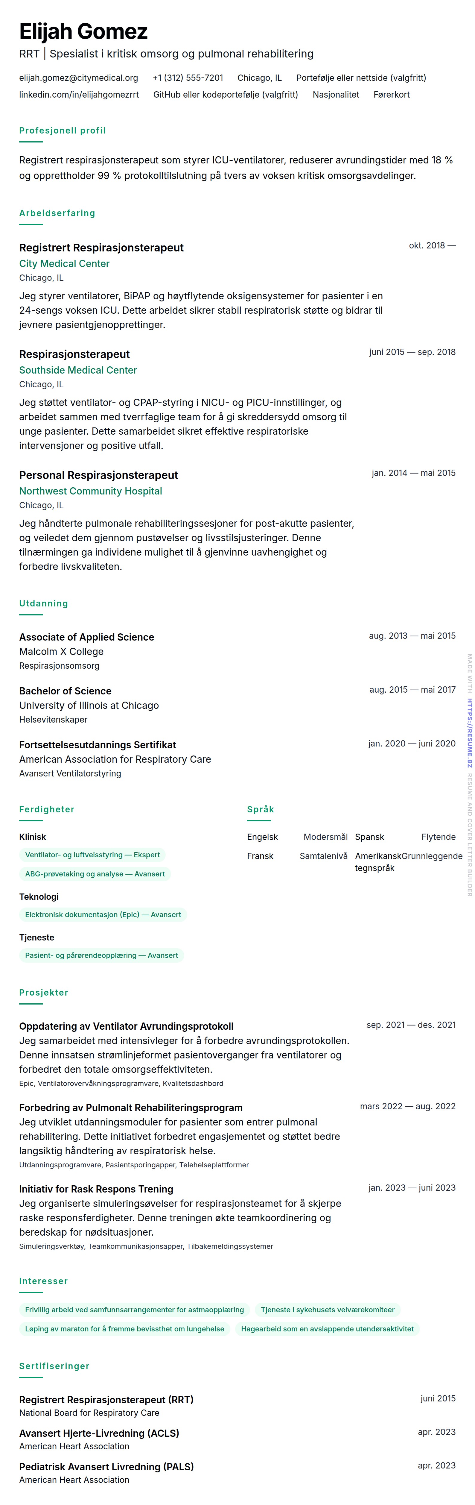 CV-forhåndsvisning for Eksempel på CV for Respirasjonsterapeut