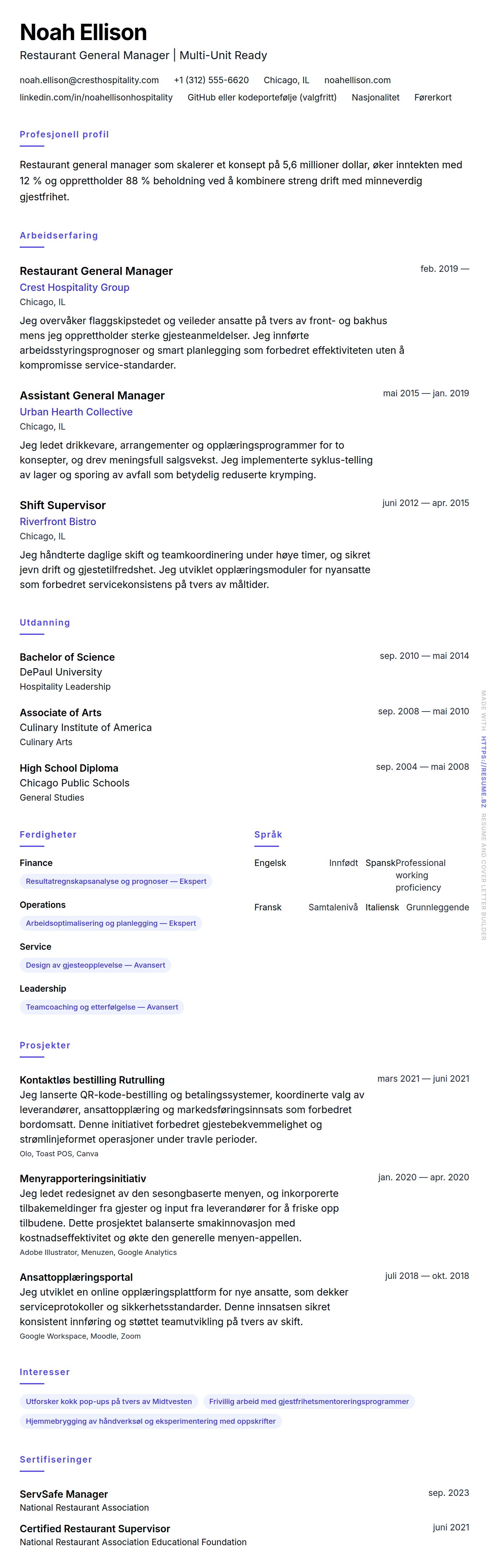 CV-forhåndsvisning for Restaurantleder CV-eksempel
