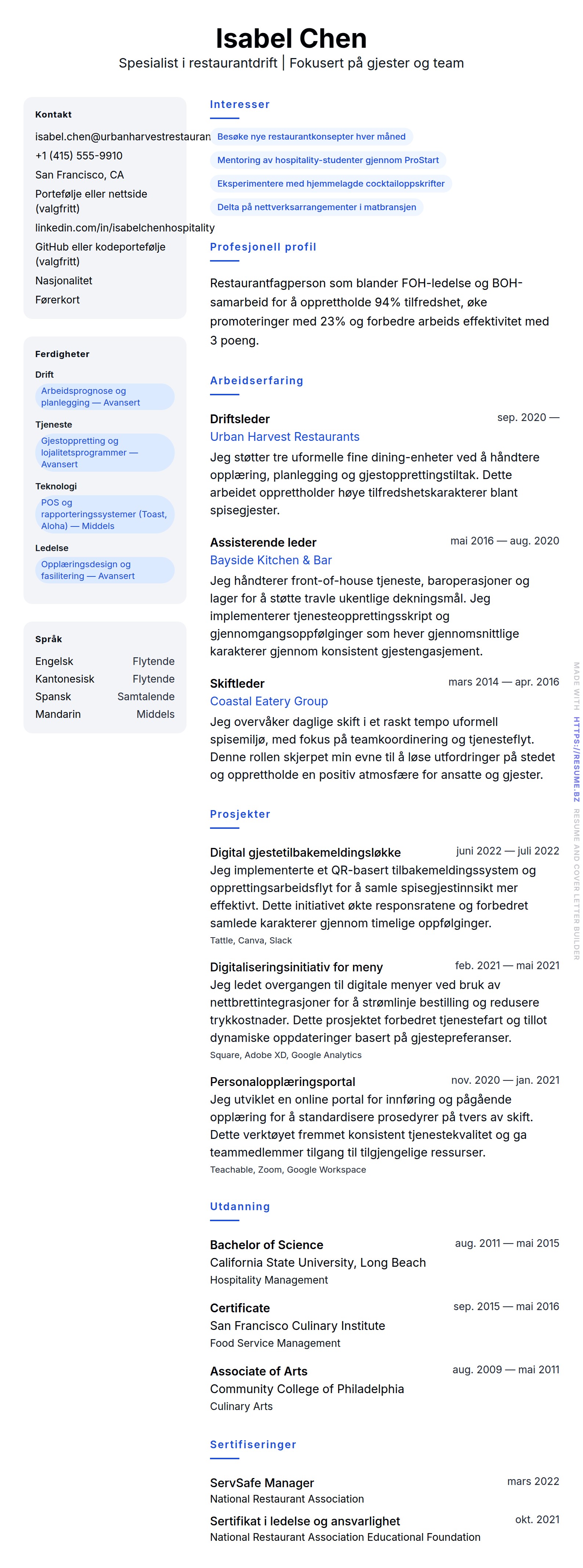 CV-forhåndsvisning for Eksempel på CV for restaurantfagperson