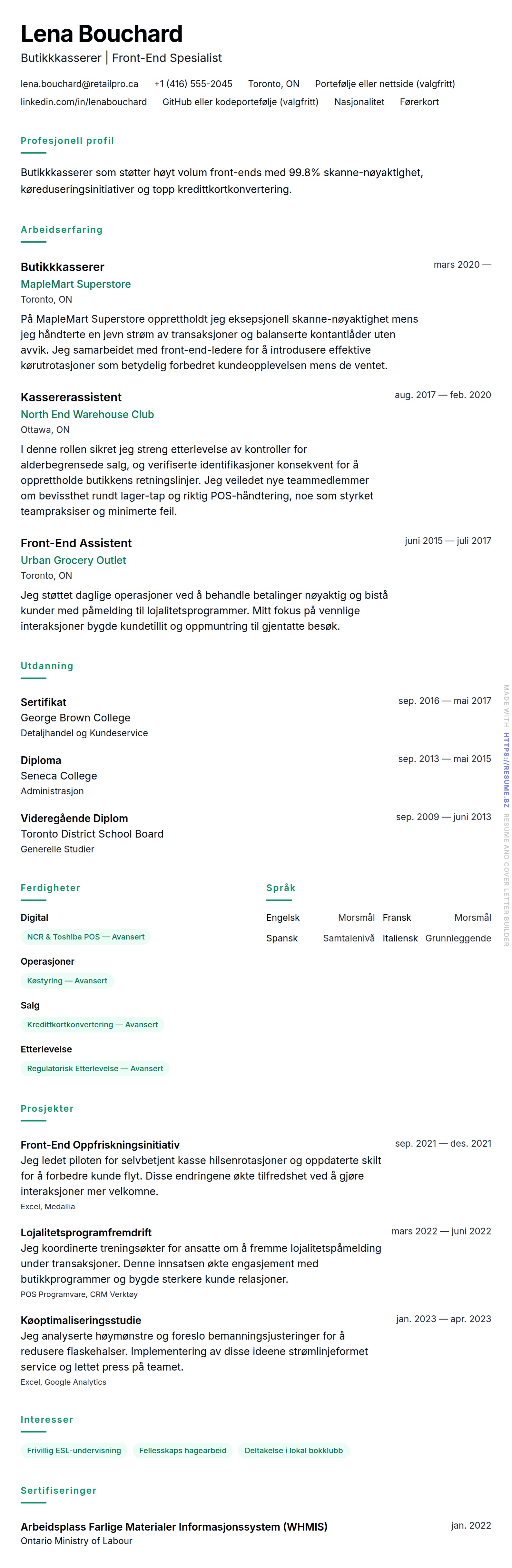 Butikkkasserer CV-eksempel