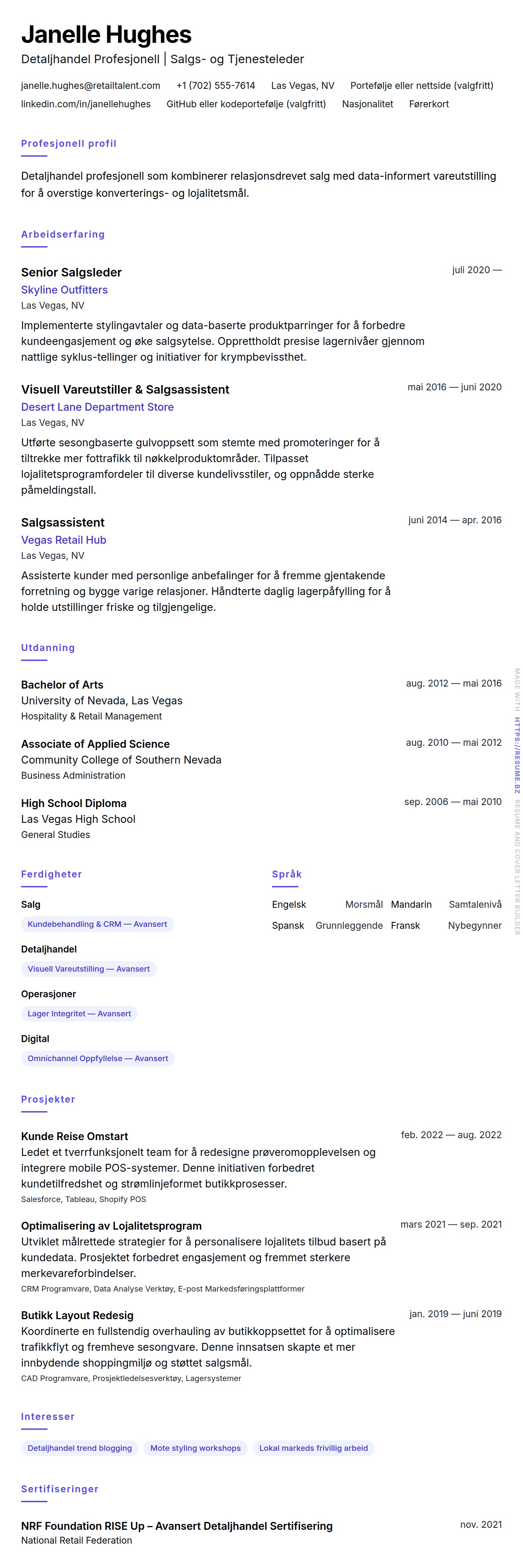 CV-forhåndsvisning for Eksempel på CV for Detaljhandel Profesjonell