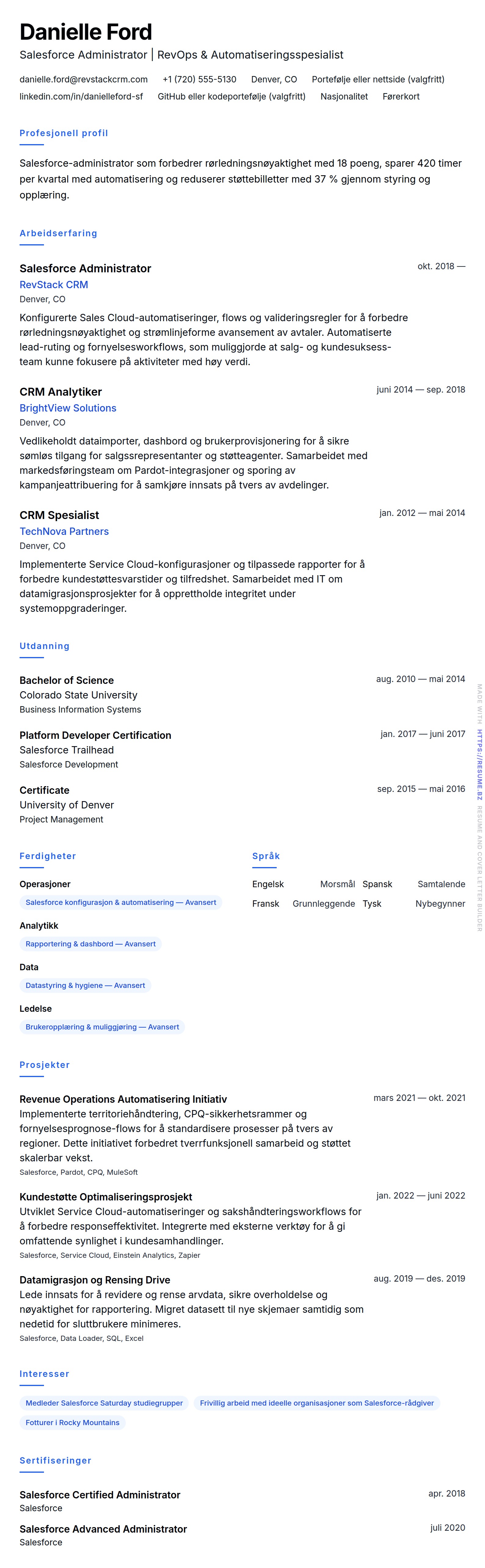 Salesforce Administrator CV-eksempel