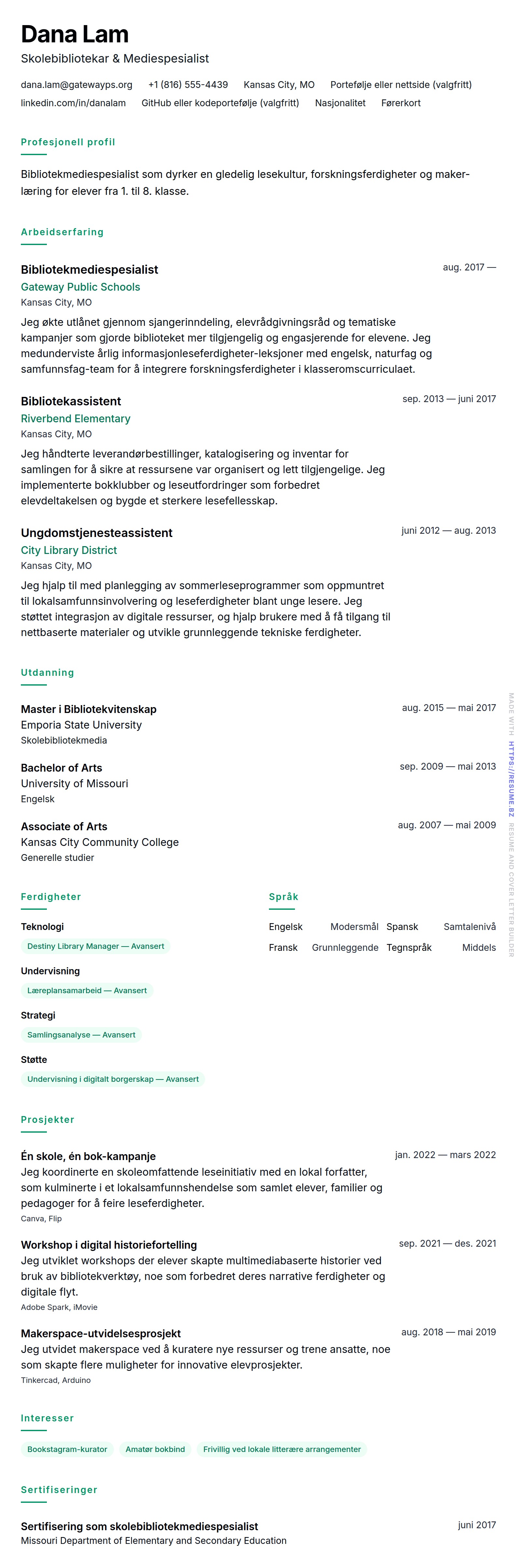 CV-forhåndsvisning for Bibliotekar CV-eksempel