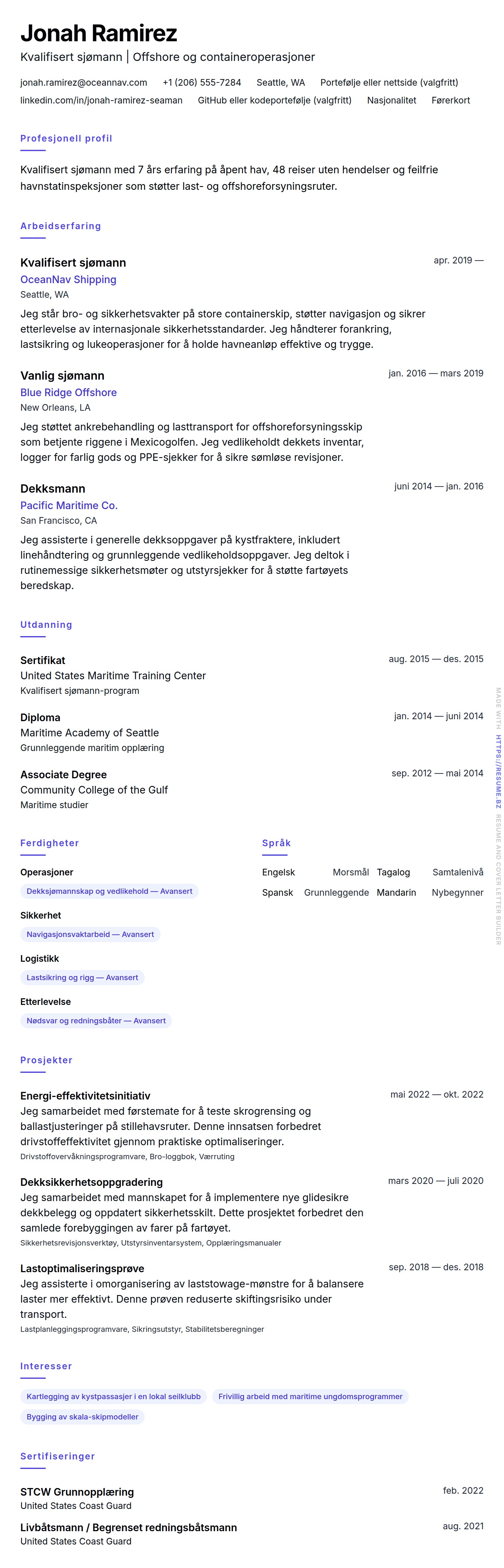 Sjømann CV-eksempel