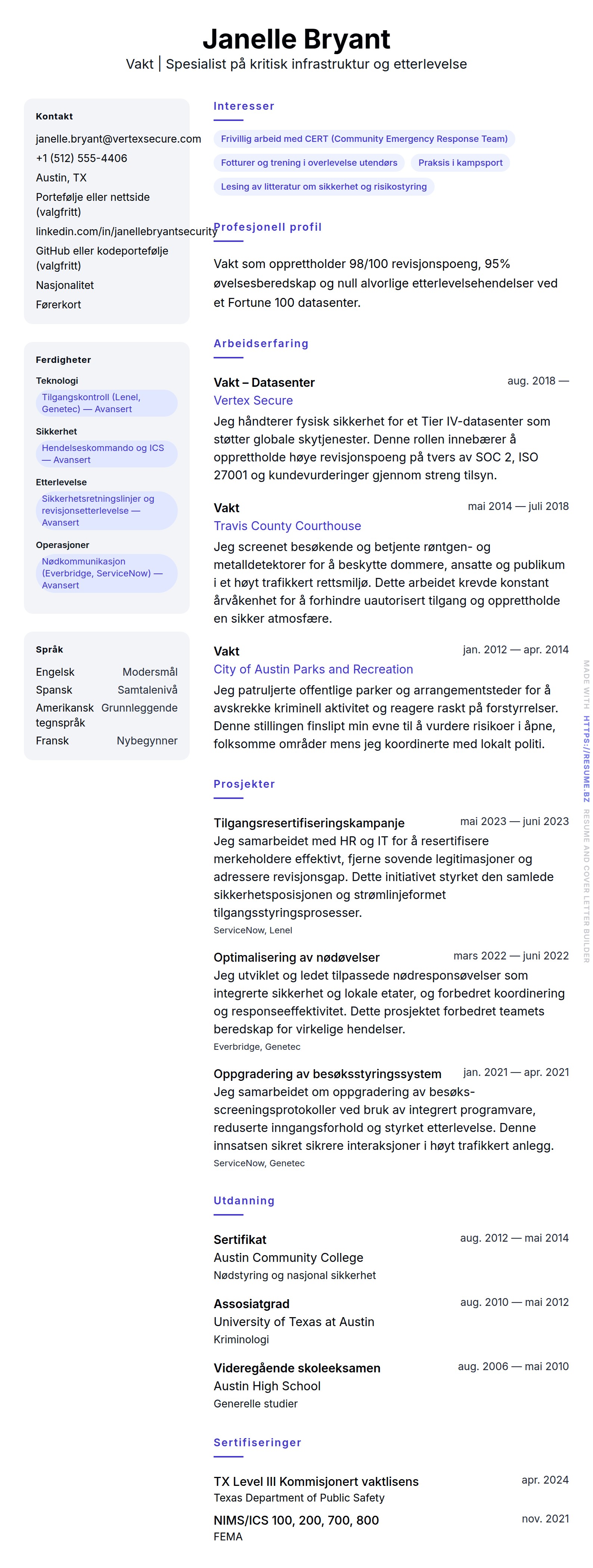 Vakt CV-eksempel