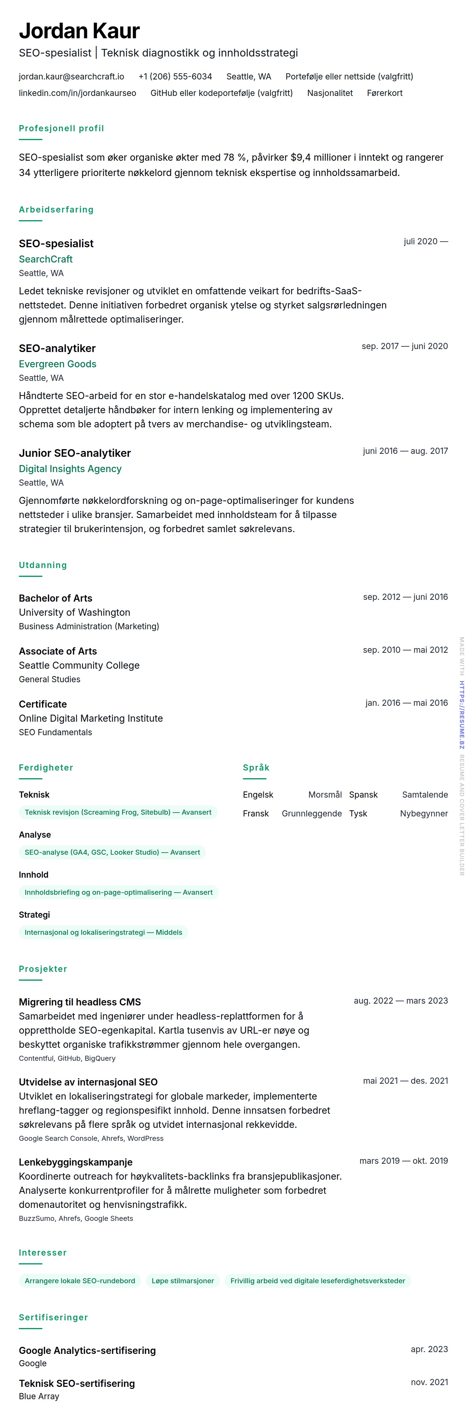CV-forhåndsvisning for Eksempel på CV for SEO-spesialist