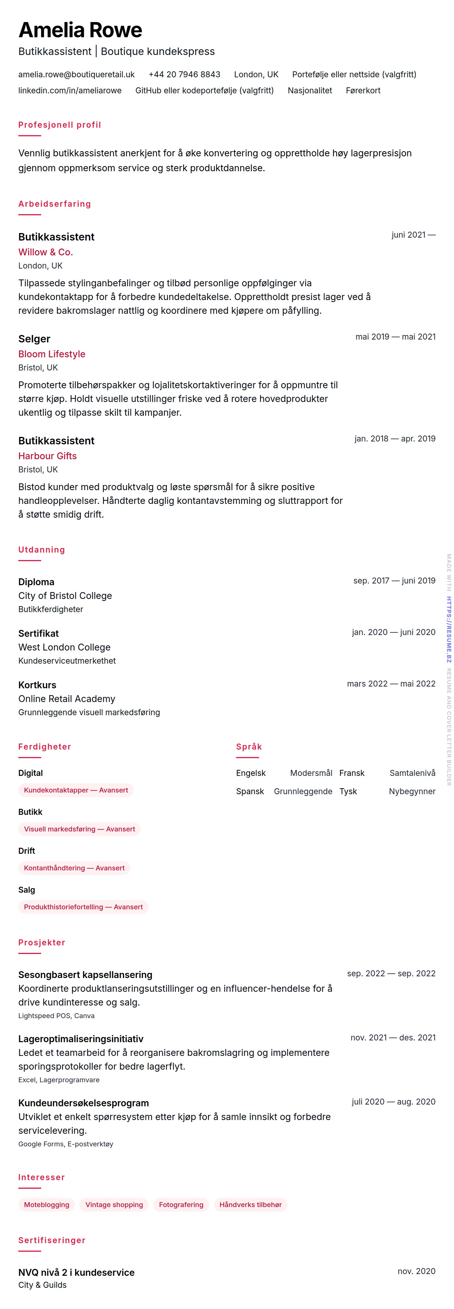 CV-forhåndsvisning for Butikkassistent CV-eksempel