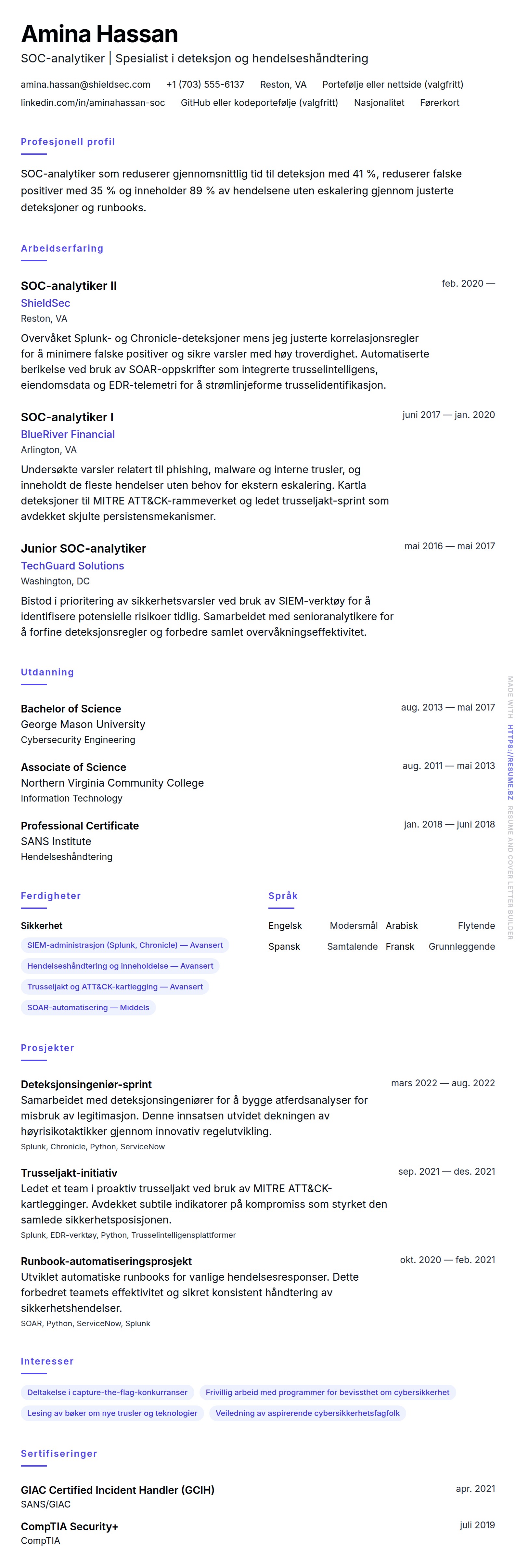 SOC-analytiker CV-eksempel