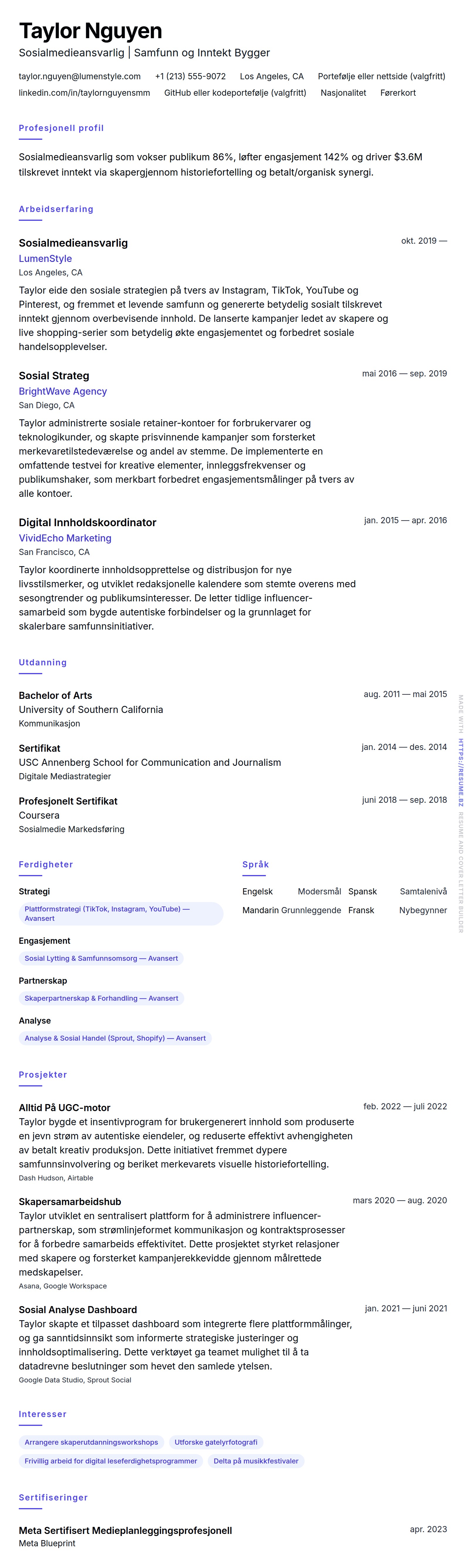 CV-forhåndsvisning for Sosialmedieansvarlig CV-eksempel