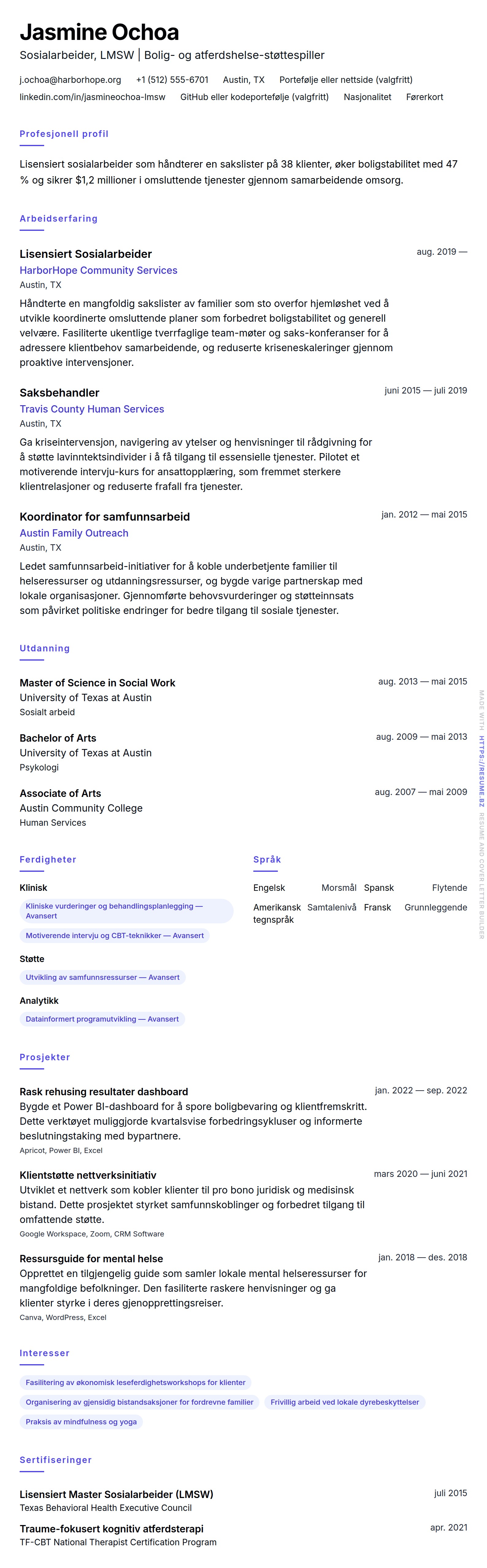 CV-forhåndsvisning for Sosialarbeider CV-eksempel